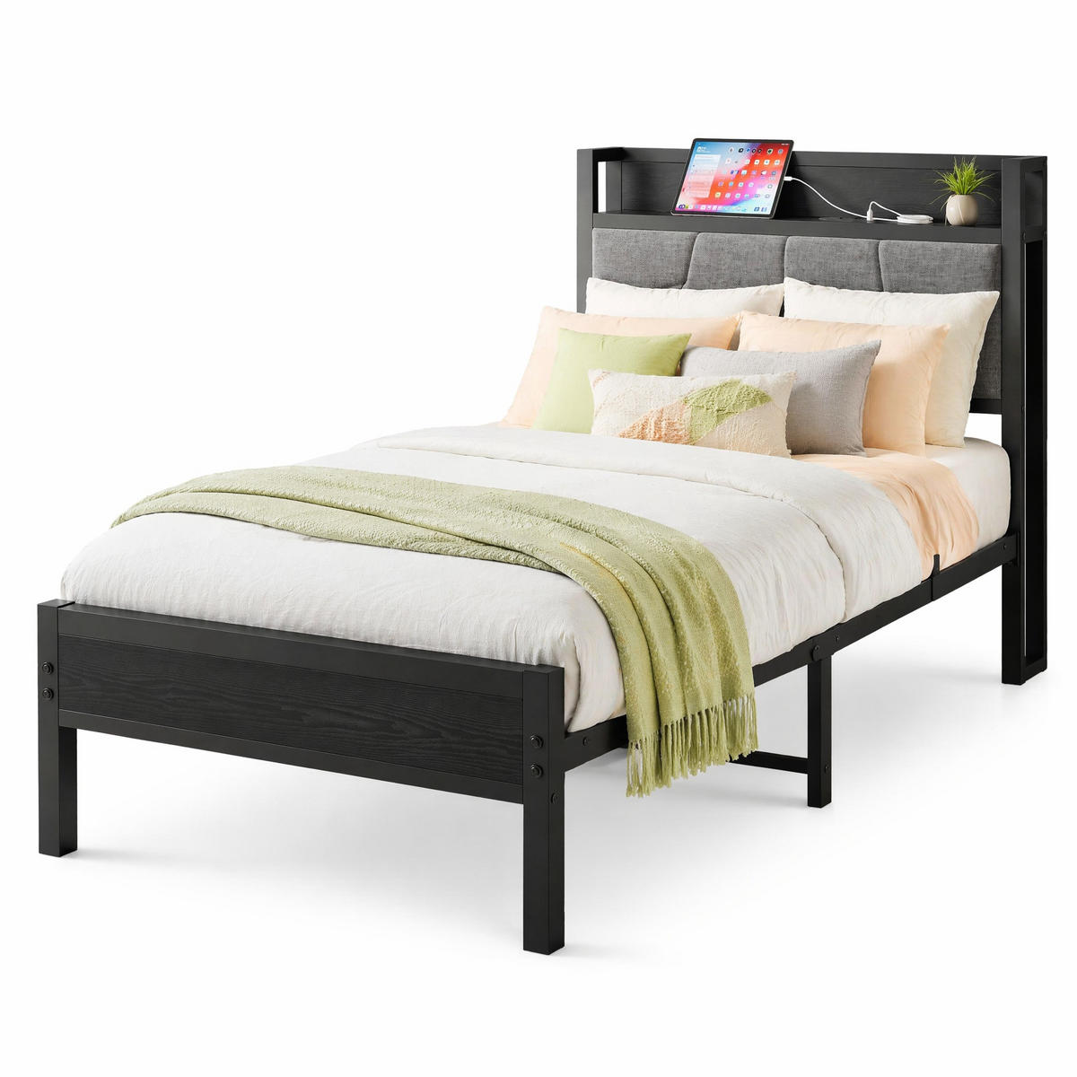 METALLBETT 90/200 cm in Schwarz mit Stauraum und Kopfteil - Schwarz, Metall (90/200cm) - OKMYHOME