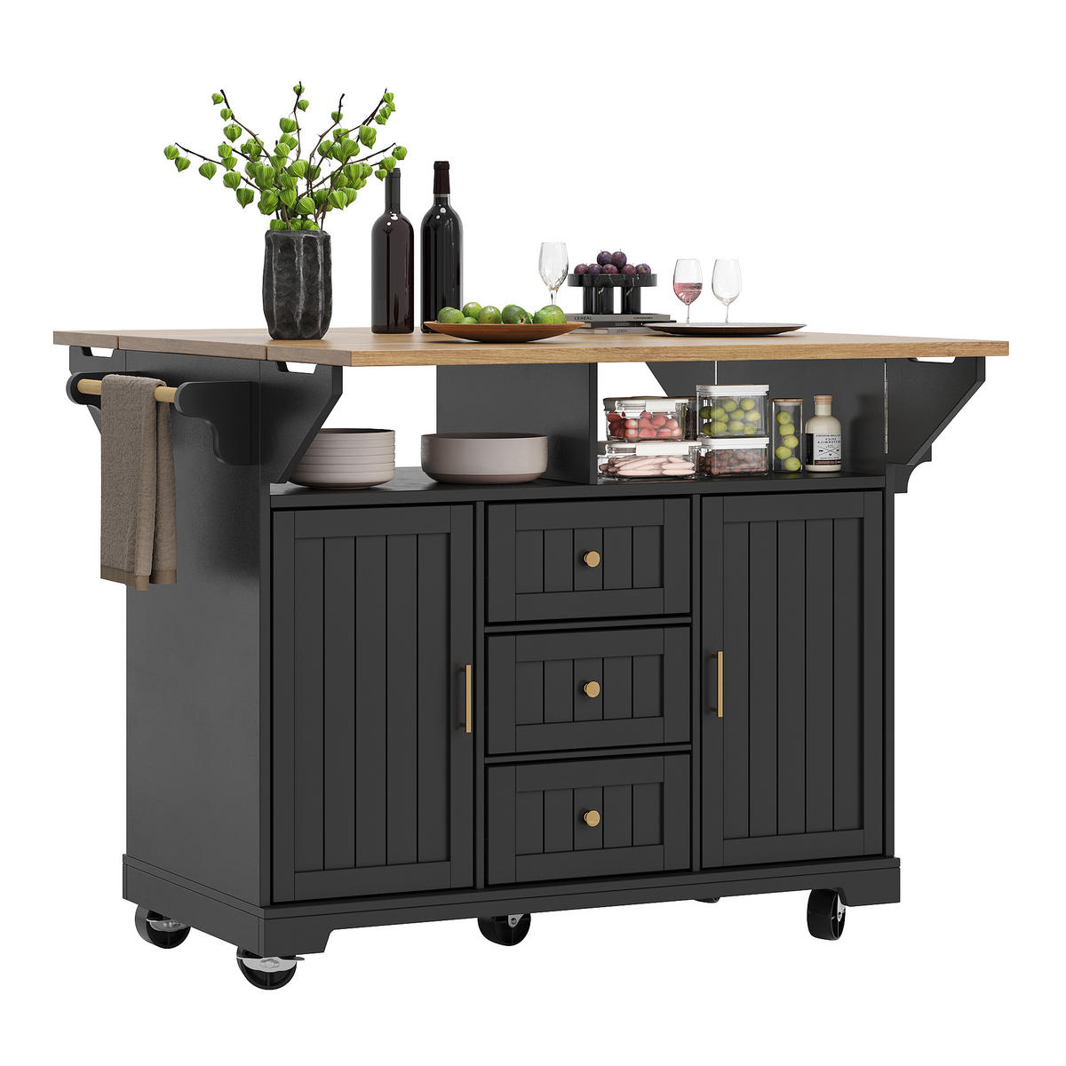 KÜCHENINSEL ausziehbar auf Rollen, Schwarz-Weiß, MDF/Metall, 120/80/95 cm - Schwarz, Kunststoff (40/95/120cm) - Rolipo