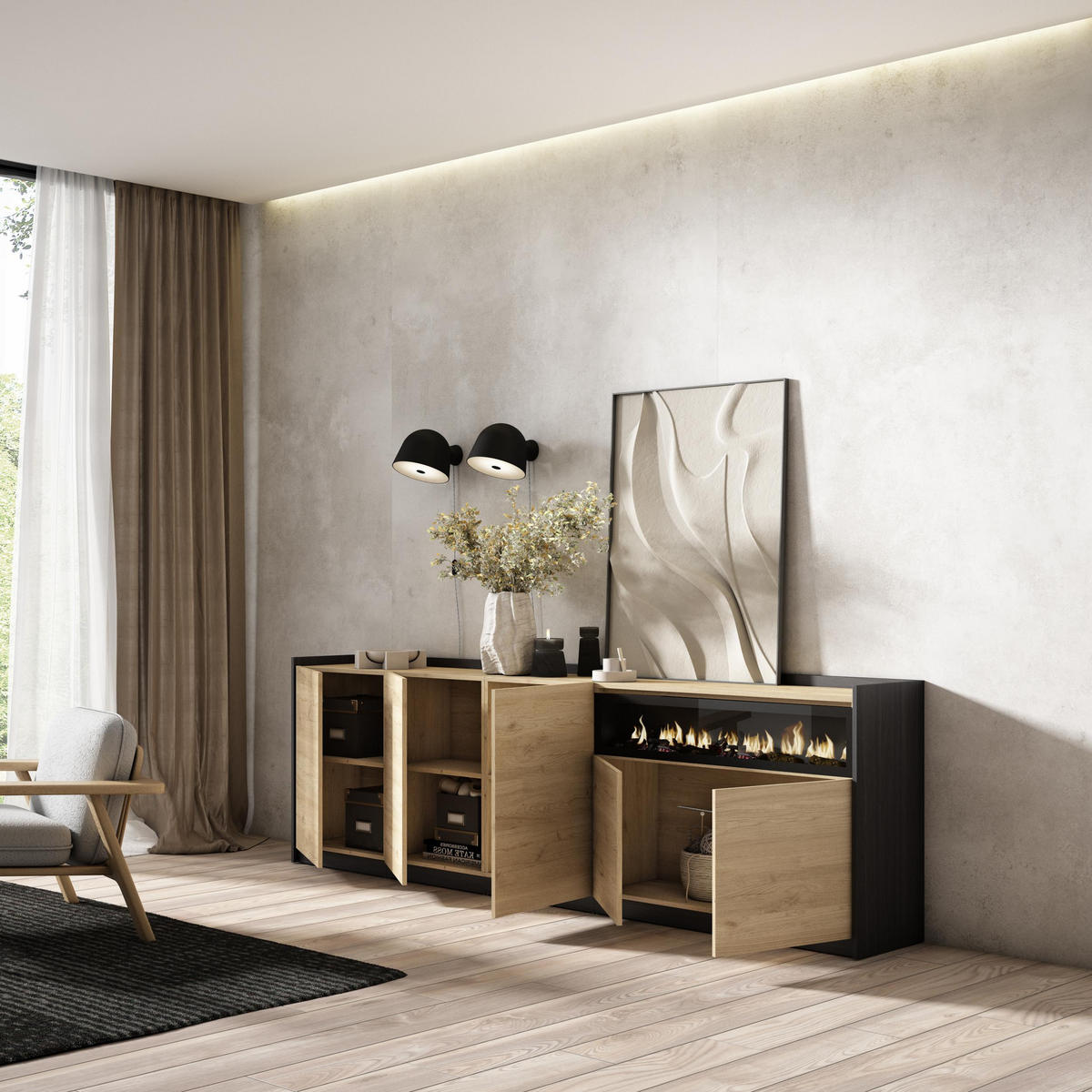 SIDEBOARD, Highboard, Eiche Schwarz, Elektrokamin, 260/37/80cm - Eichefarben, Holzwerkstoff (260/80/37cm) - Skraut Home