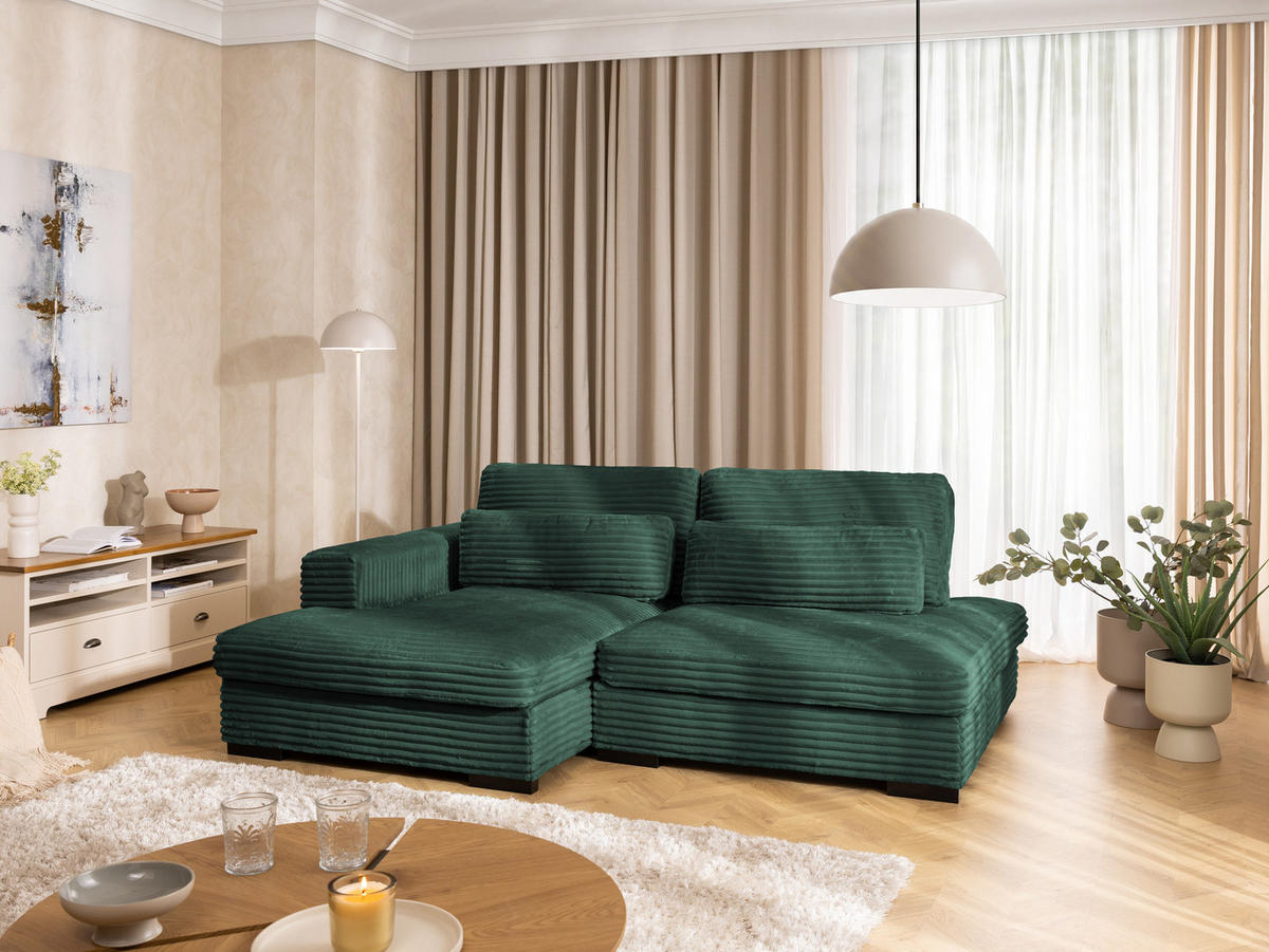 ECKSOFA Wolke mit tiefer Sitzfläche, Schlaffunktion und praktischem Bettkasten aus weichem Grün Cordstoff - Schwarz/Grün, Holz/Kunststoff (162/225cm) - S-Style