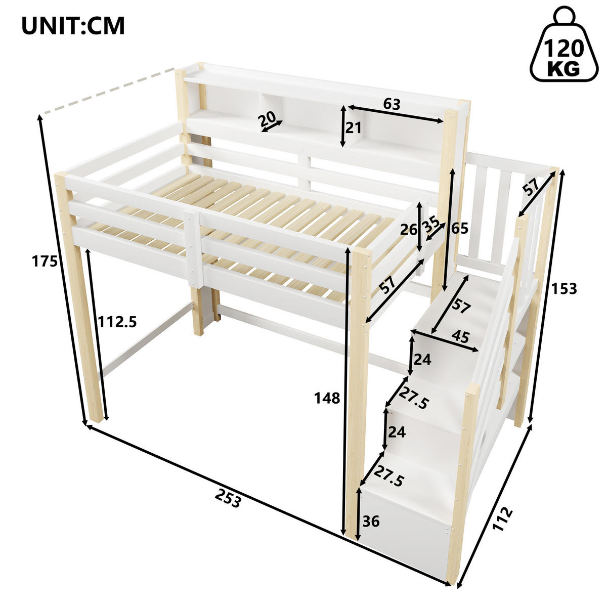 HOCHBETT mit Stauraum und LED 90x200 cm Weiß Natur - Wengefarben, Holz (90/200cm) - Meubliv