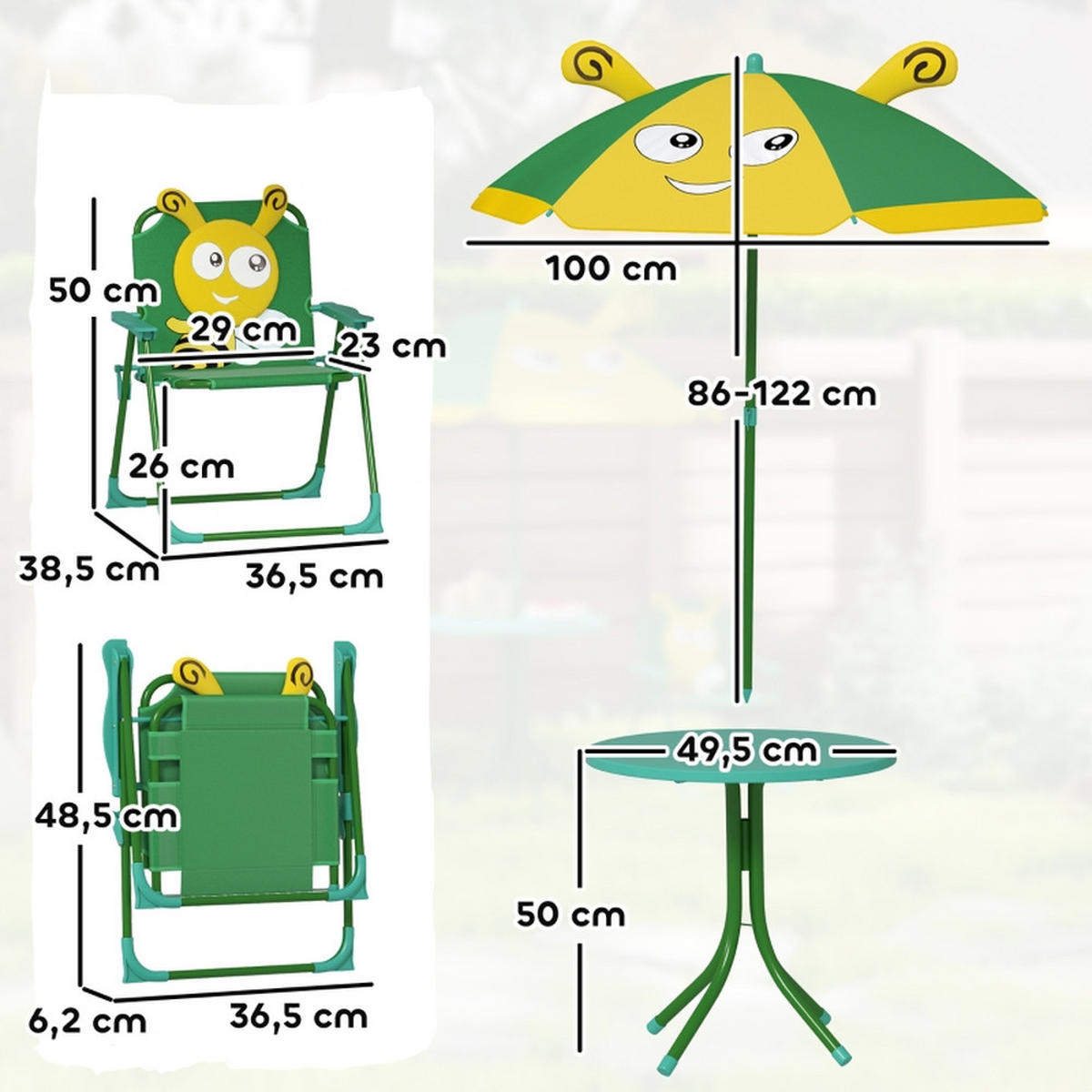 KINDER-GARTENMÖBEL4 tlg Kinder Gartenmöbel Bienen-Design 49,5x49,5x50cm Mit Sonnenschirm - Grün, Textil - Raelunyi