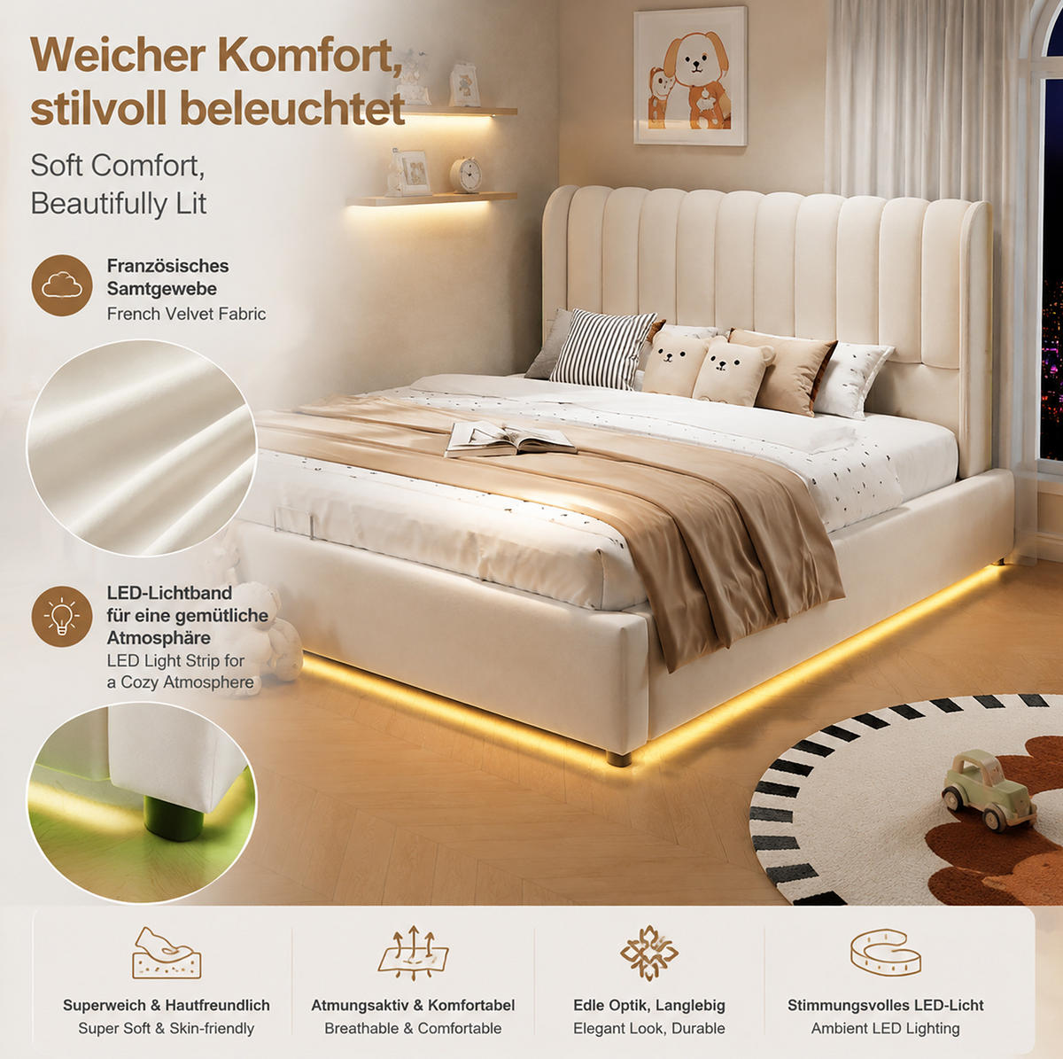 KINDER-POLSTERBETT 140x200 cm in Beige mit Bettkasten, 3 Schubladen und LED-Leiste - Beige, Textil (140/200cm) - IVMEU