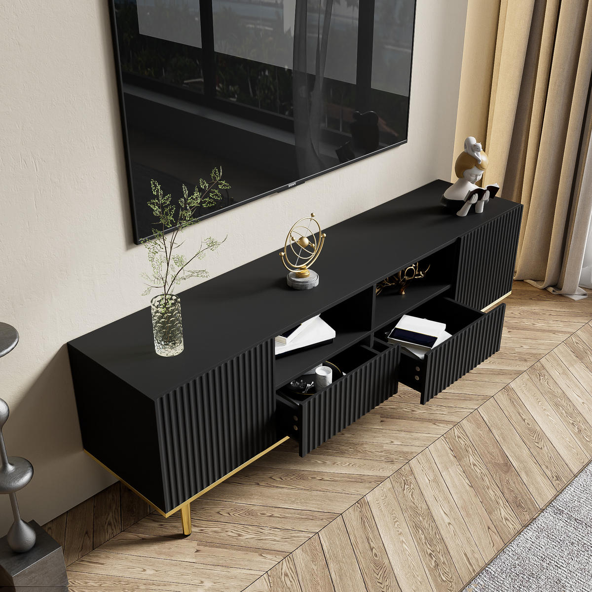 TV-RACK Holz 165x36x55cm SchwarzGold mit Schubladen und goldenen Füßen - Schwarz, Holz (43/19.5/97cm) - Raelunyi