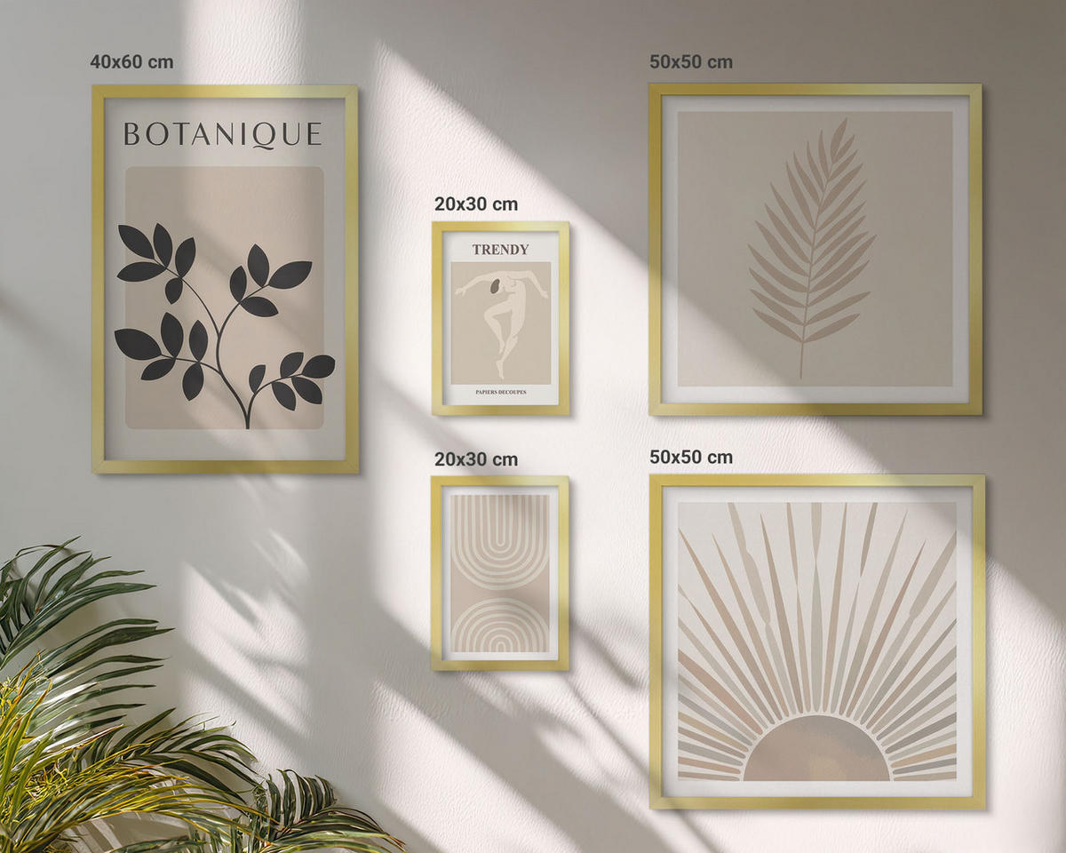 BILDER SET 5er Set - 50x50 cm & 20x30 cm & 40x60 cm Goldrahmen - Abstrakte Poster im Boho-Stil in Pastellfarben - Goldfarben, Kunststoff (40/60cm) - TULUP