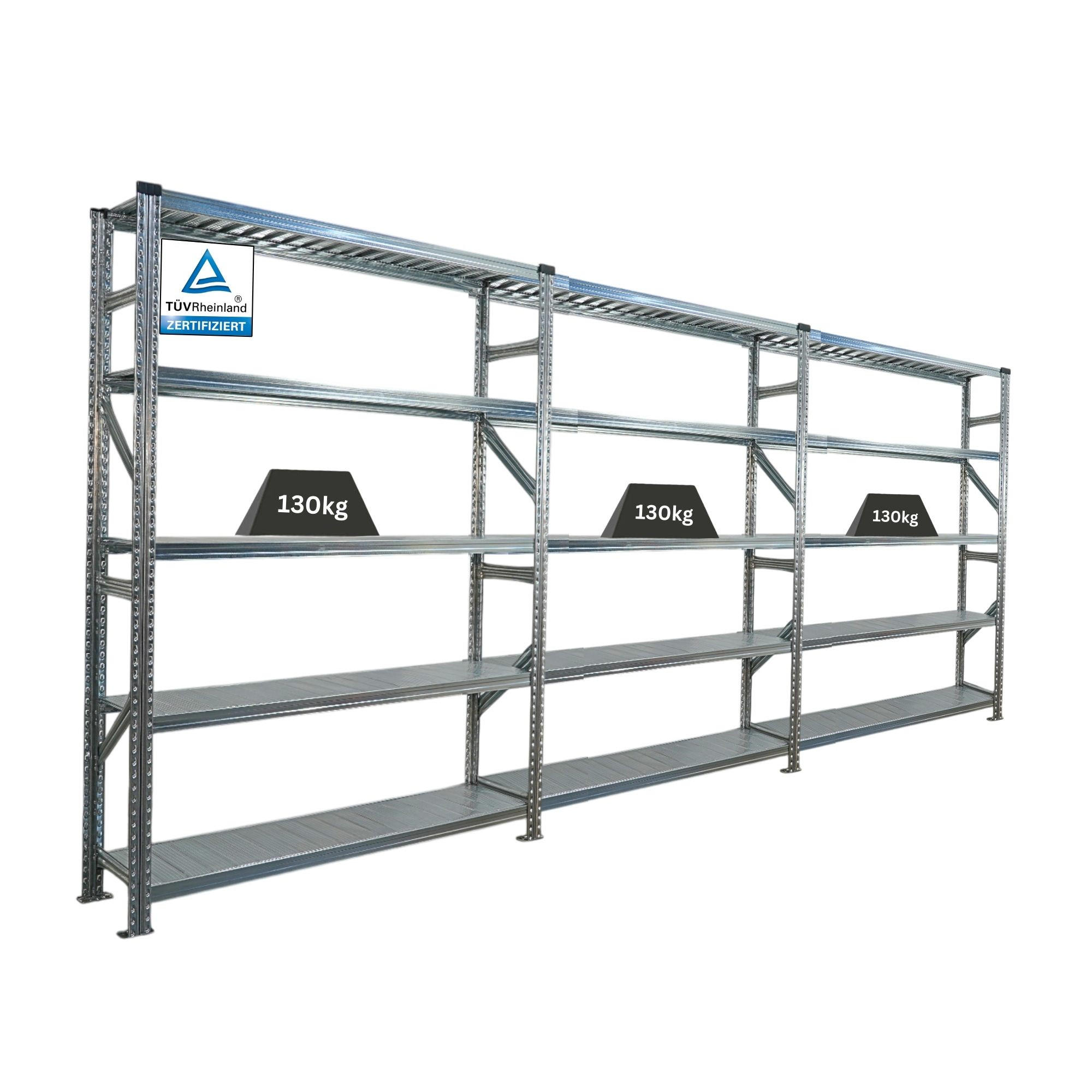 FACHBODENREGAL Proximo Stecksystem 200x450x32cm 5 Ebenen Fachlast 130 kg Beidseitig nutzbar Verzinkt - Silberfarben, Metall (450/200/32cm) - PROREGAL