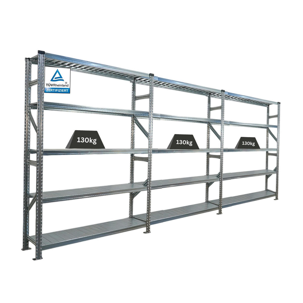 FACHBODENREGAL Proximo Stecksystem 200x450x32cm 5 Ebenen Fachlast 130 kg Beidseitig nutzbar Verzinkt - Silberfarben, Metall (450/200/32cm) - PROREGAL