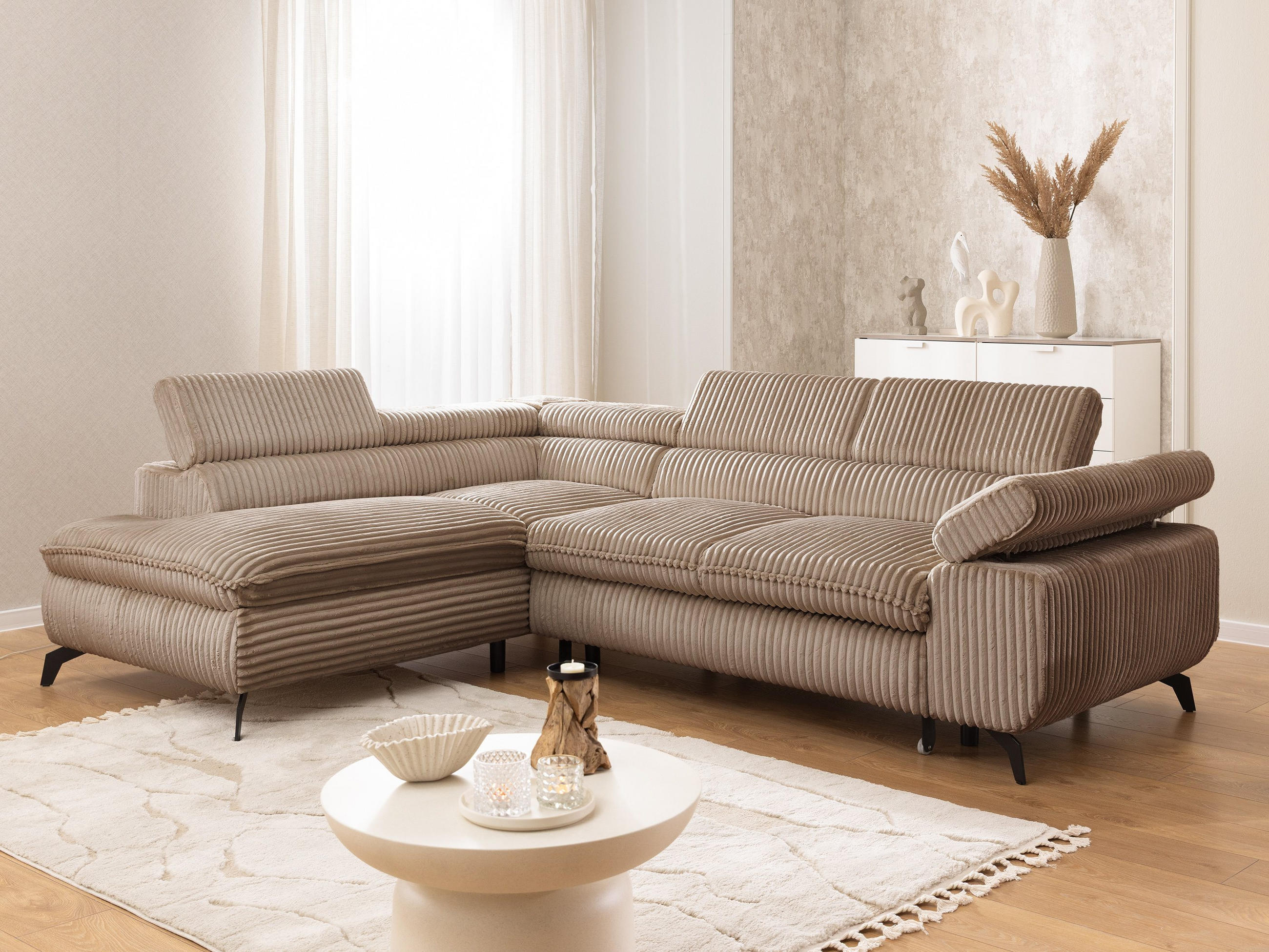 ECKSOFA mit Schlaffunktion und Bettkasten Bonnie aus Beige Cord-Stoff mit verstellbaren Kopfstützen und Armlehne - Ottomane links - Ecru/Beige, Holz/Textil (275/210cm) - S-Style Möbel