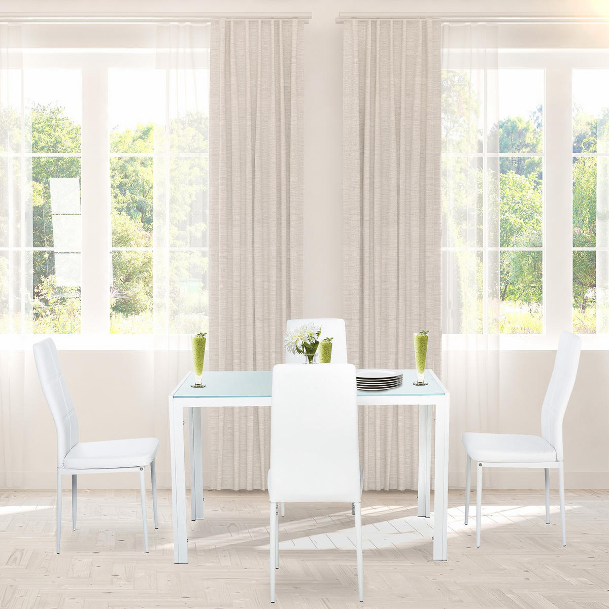 ESSZIMMERGARNITUR DE-18583 4-teilig mit Glasplatte Weiß - Weiß, Metall (70/75/120cm) - ComfortXL