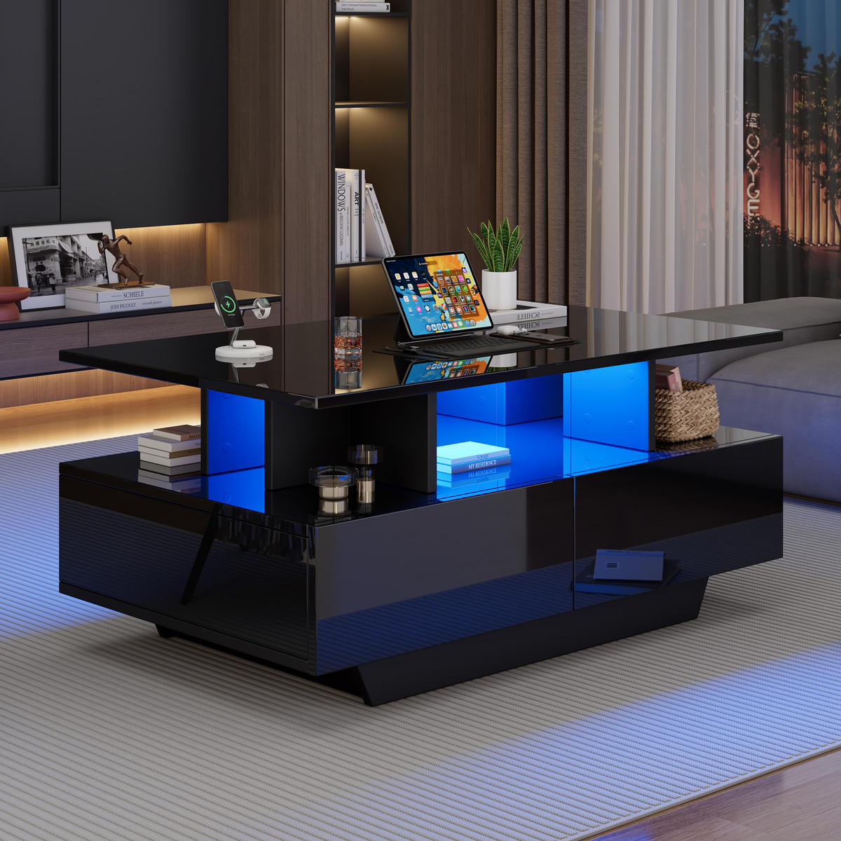 COUCHTISCH aus Spanplatte 90x55x41 cm in Schwarz mit LED-Beleuchtung - Schwarz, Holzwerkstoff (90/55/41cm) - Modfu