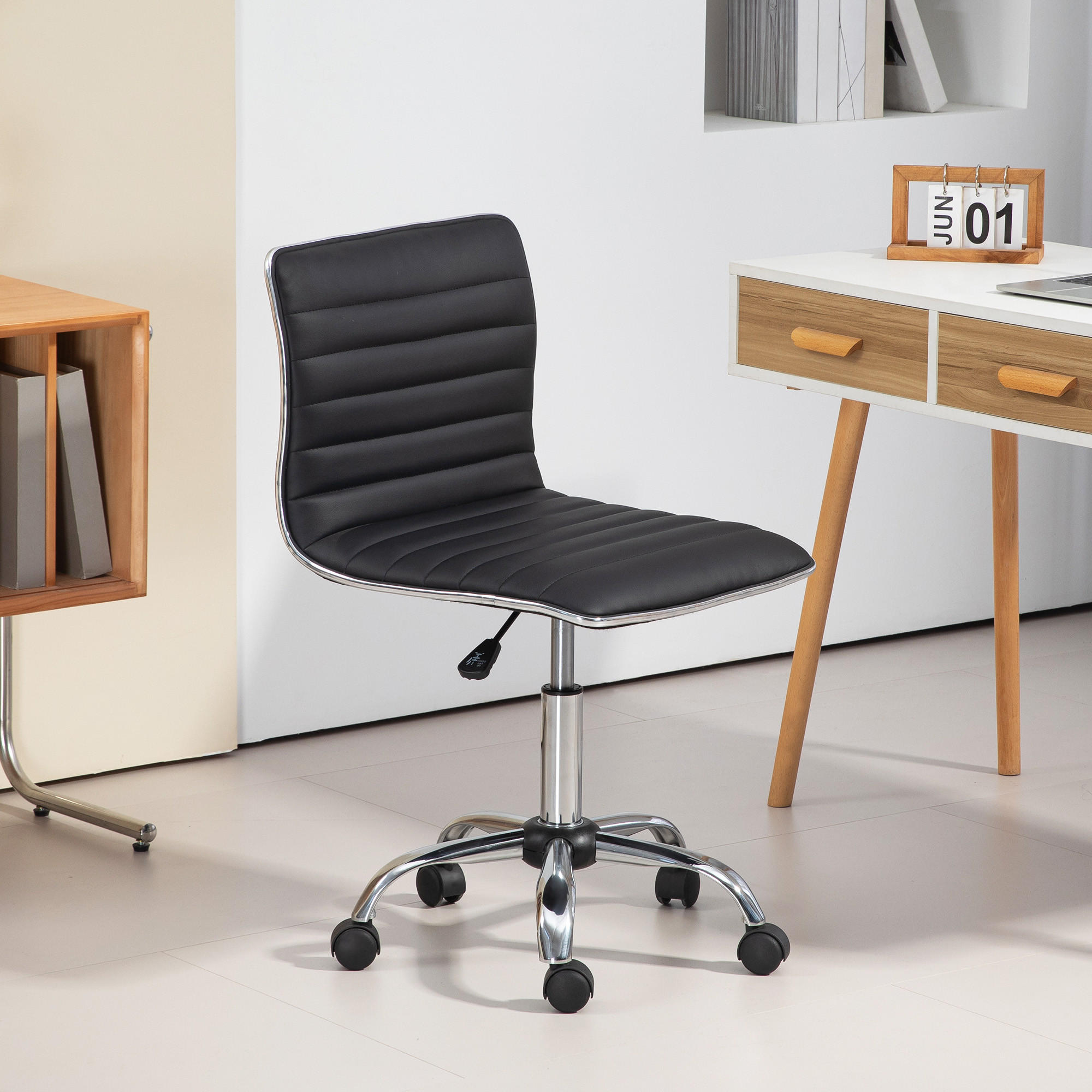 BÜROSTUHL mit Rückenlehne, höhenverstellbar Drehstuhl mit Rollen Schwarz - Schwarz, Kunststoff (52/90/48cm) - HOMCOM