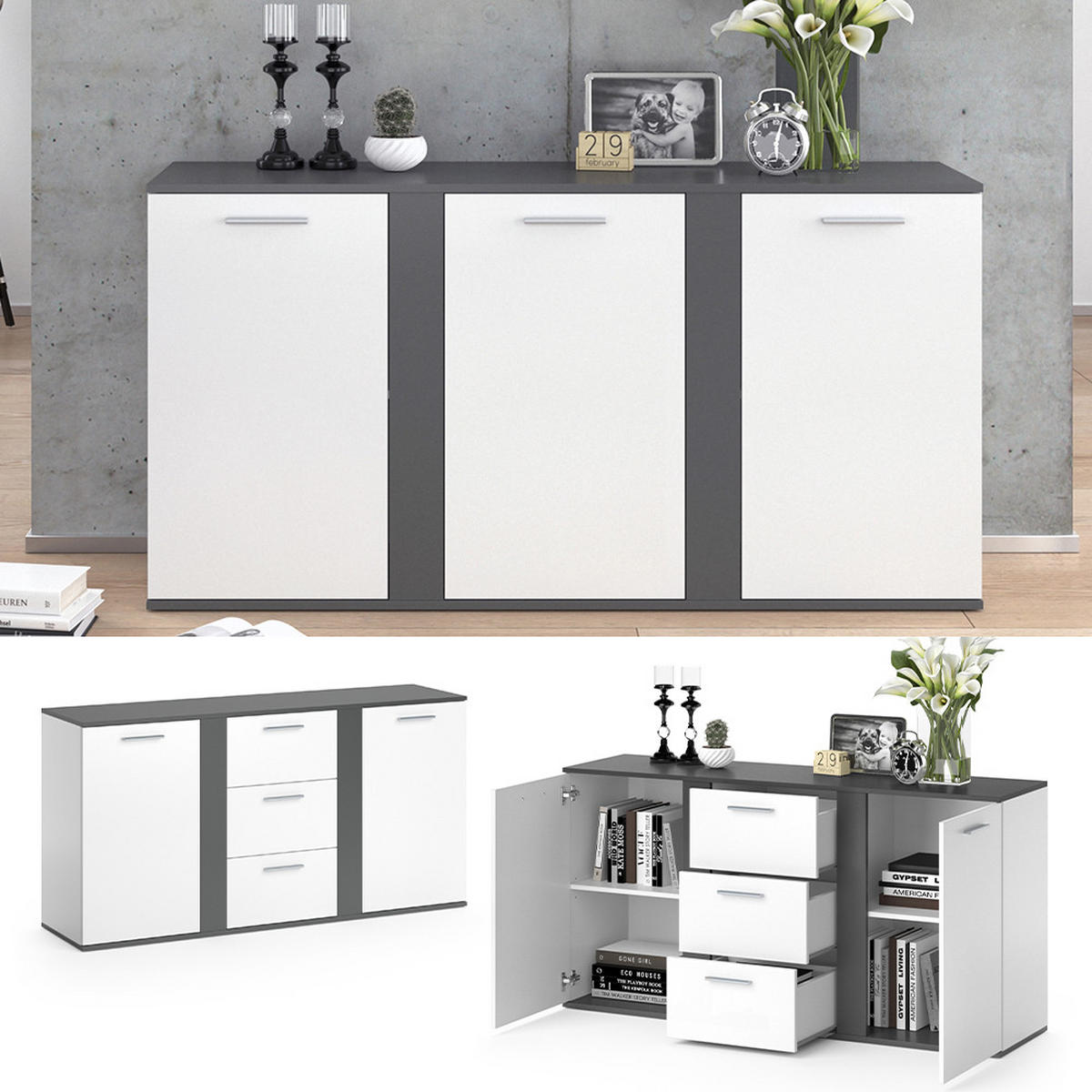 KOMMODE Novelli Anthrazit 155 x 80 cm mit Schubladen - Anthrazit, Holzwerkstoff (40/80/155cm) - Vicco