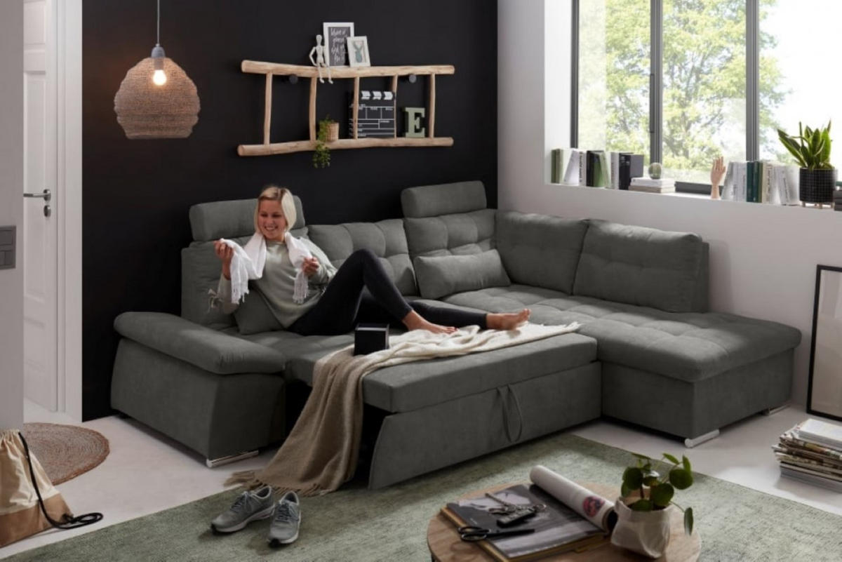 ECKSOFA mit Schlaffunktion, Bettkasten und verstellbarer Armlehne - Chromfarben/Grau, Textil (219/260cm) - ed exciting design
