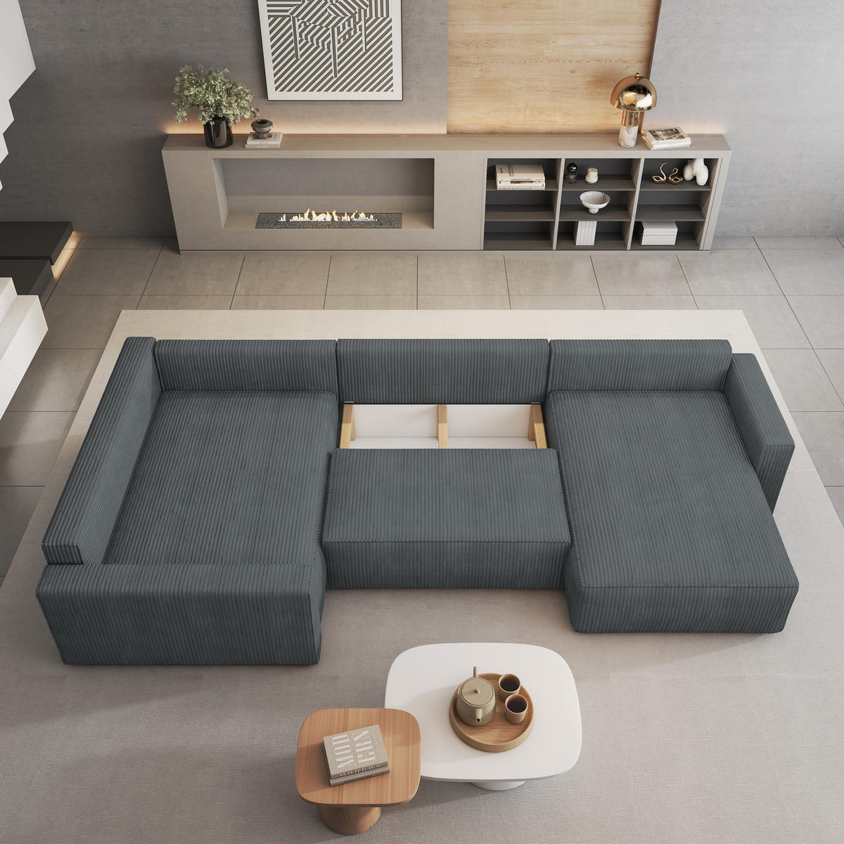 WOHNLANDSCHAFT VELAMI L-S Grau Kordstoff mit Schlaffunktion - Grau, Holz (365/83/194cm) - MASSENO