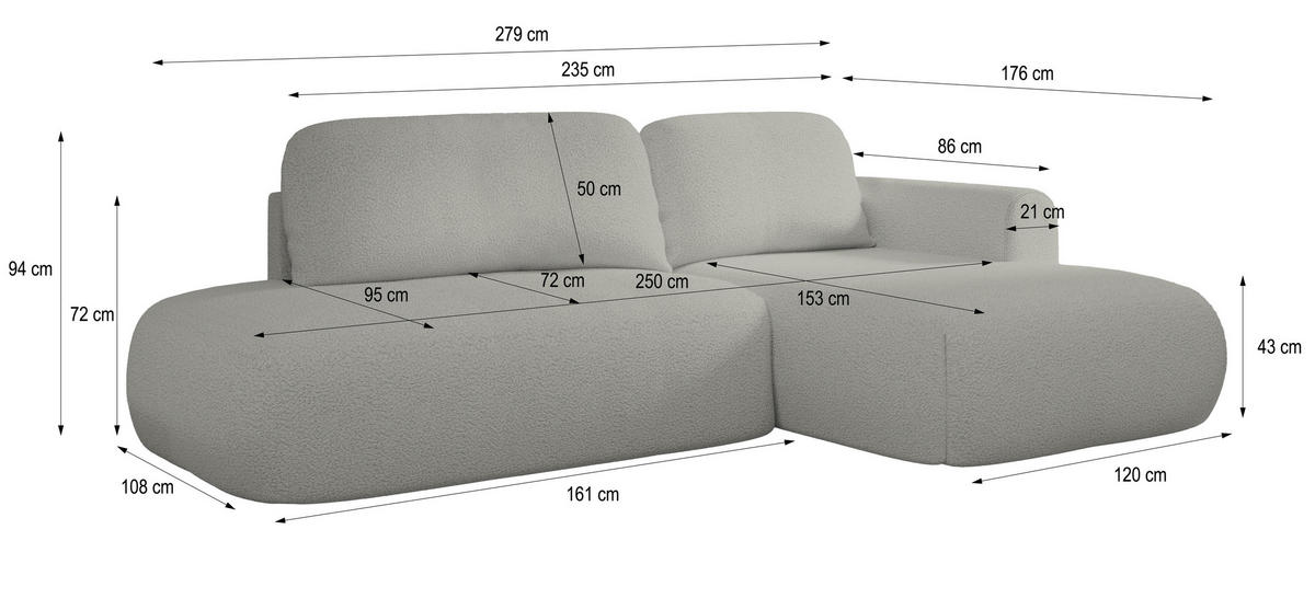ECKSOFA NUVIRA R-S Schwarz Boucle-Stoff mit Schlaffunktion - Schwarz, Holz (274/165cm) - MASSENO