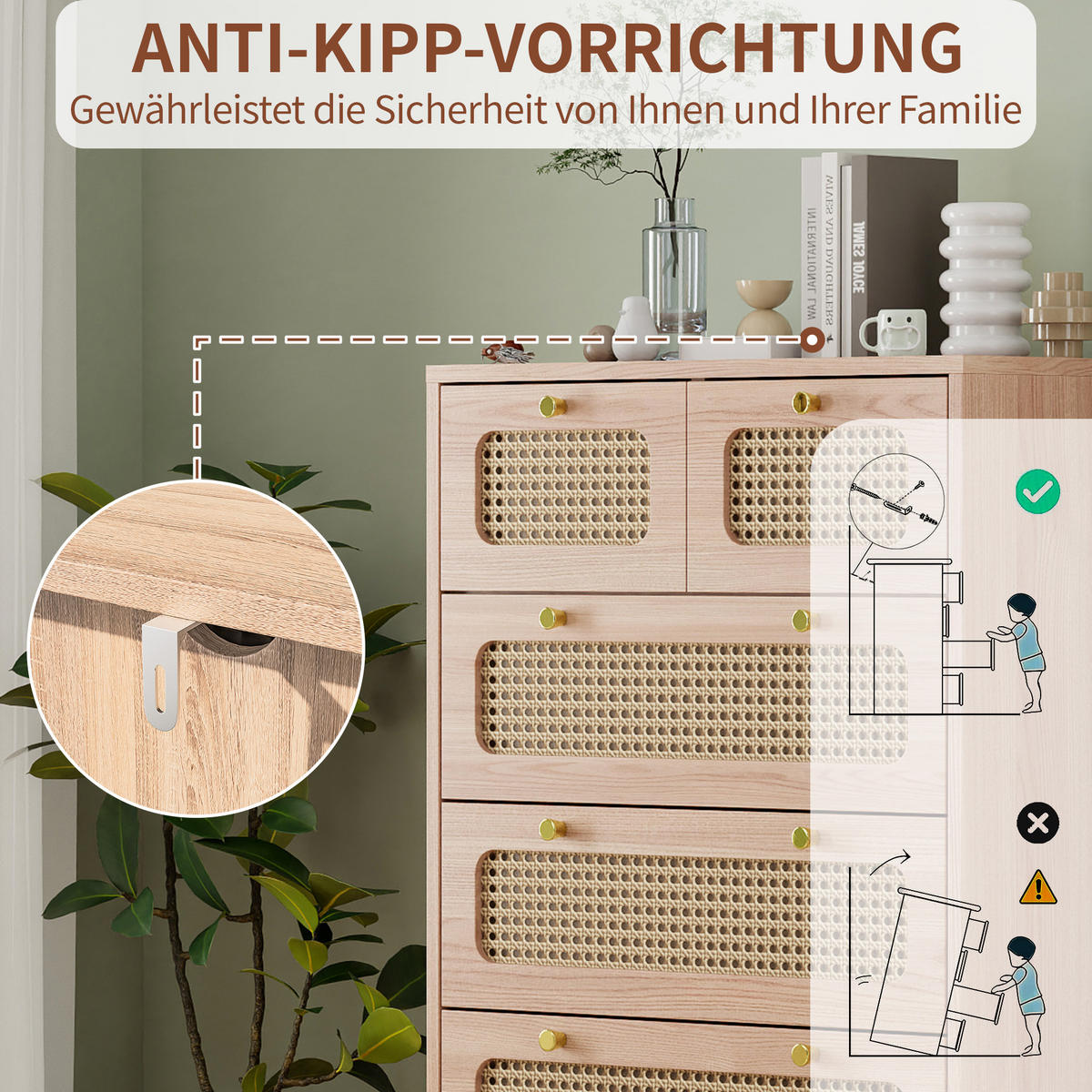 KOMMODE mit 5 Schubladen, Massivholzbeinen, Modernes Design, Braun - Braun, Holz (34/91/60cm)