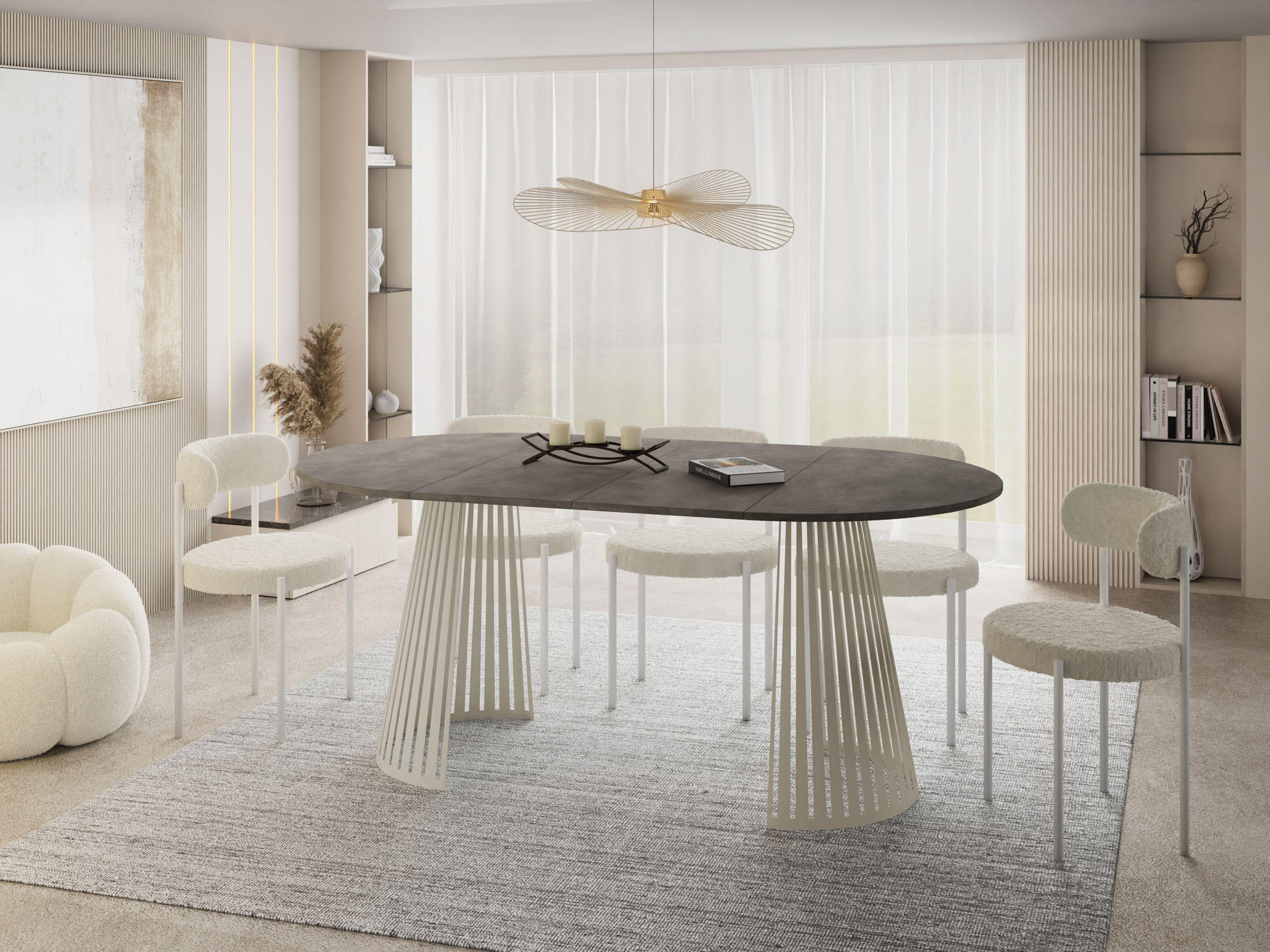 ESSTISCH Naro runder ausziehbarer, Beton-Optik Dunkelgrau 120-200/120/76 cm - Kaschmir/Dunkelgrau, Holzwerkstoff/Metall (120/120/76cm) - WFL GROUP