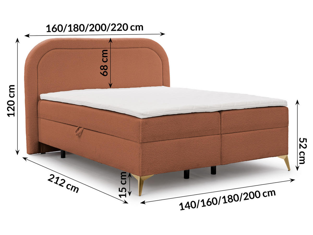 BOXBETT Sonna 200/200 cm Terrakotta Bouclé-Stoff mit abgerundetem Kopfteil und mit goldenen Metallfüßen - Terra cotta/Goldfarben, Holz/Textil (200/200cm) - S-Style Möbel