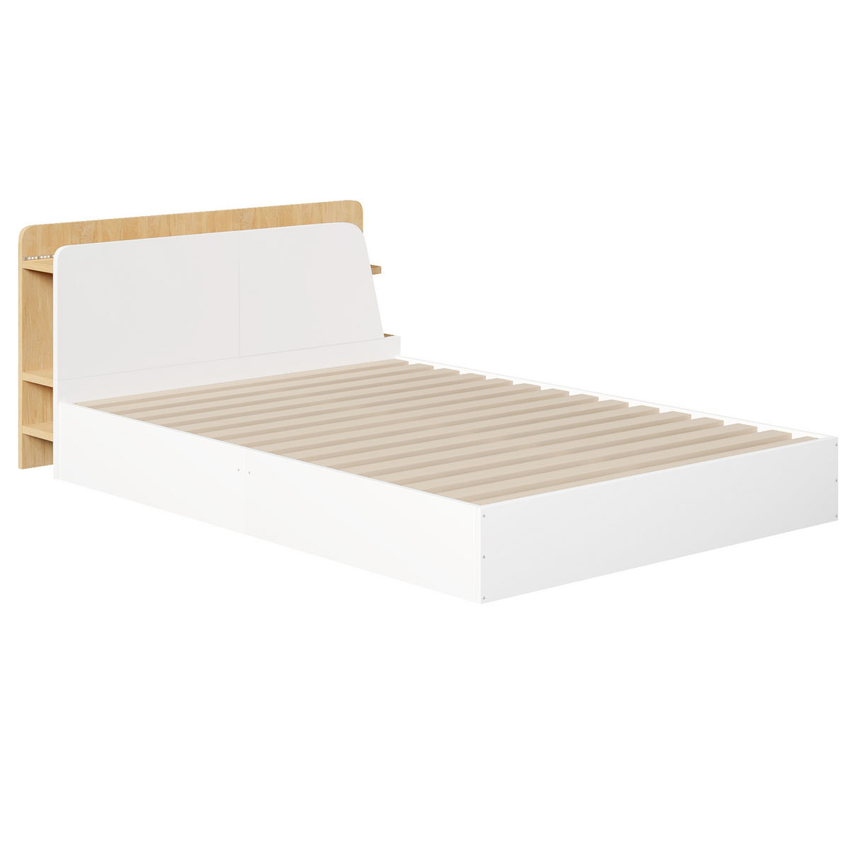 KINDERBETT 140/200 cm in Weiß & Natur mit Stauraum, LED und USB - Weiß/Naturfarben, Holz/Holzwerkstoff (140/200cm) - WISHDOR