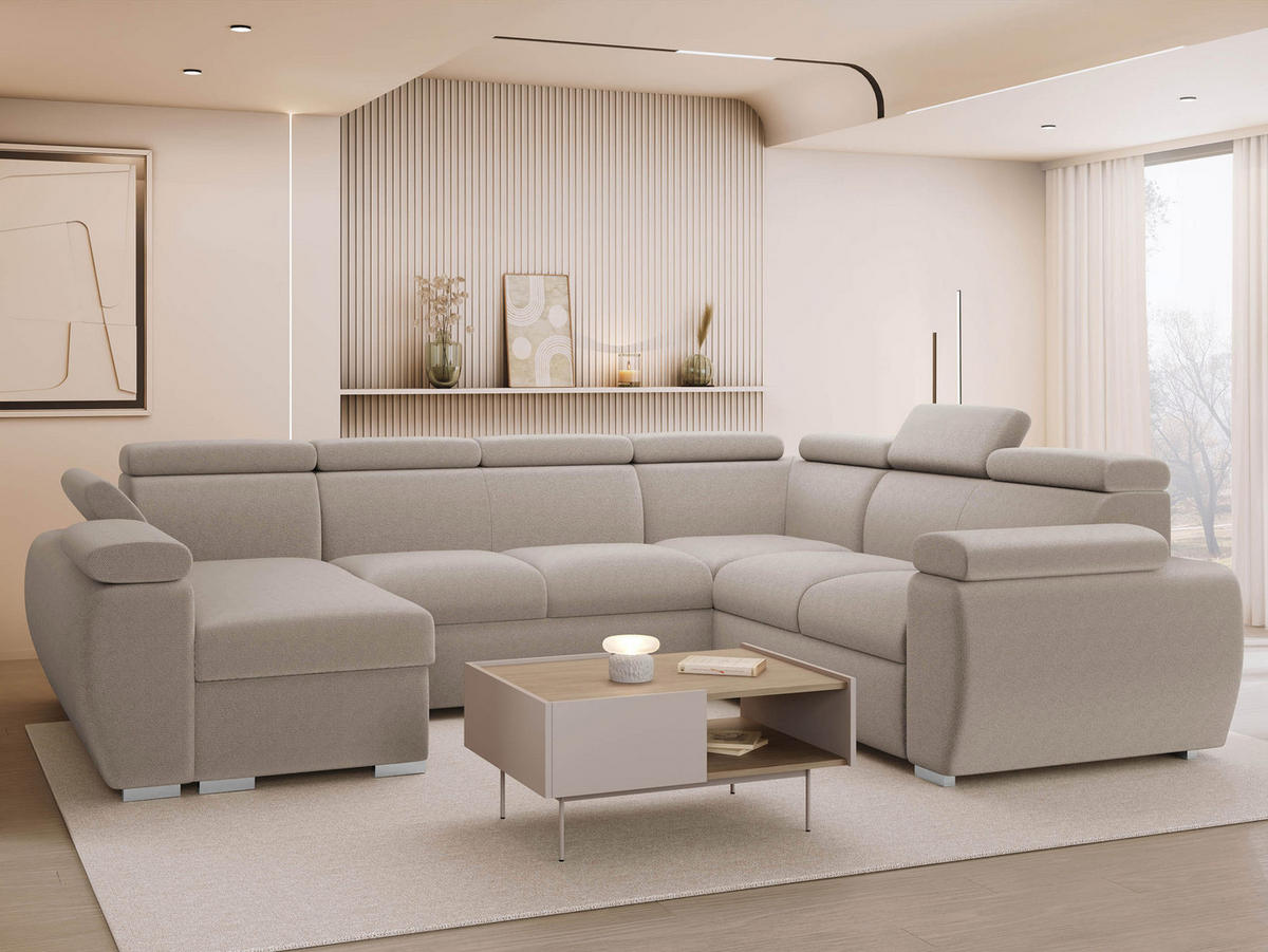 WOHNLANDSCHAFT Boston U, Seite: Links - LC+2P+R+2R - Chromfarben/Naturfarben, Holz/Textil (325/98/260cm) - MIRJAN24