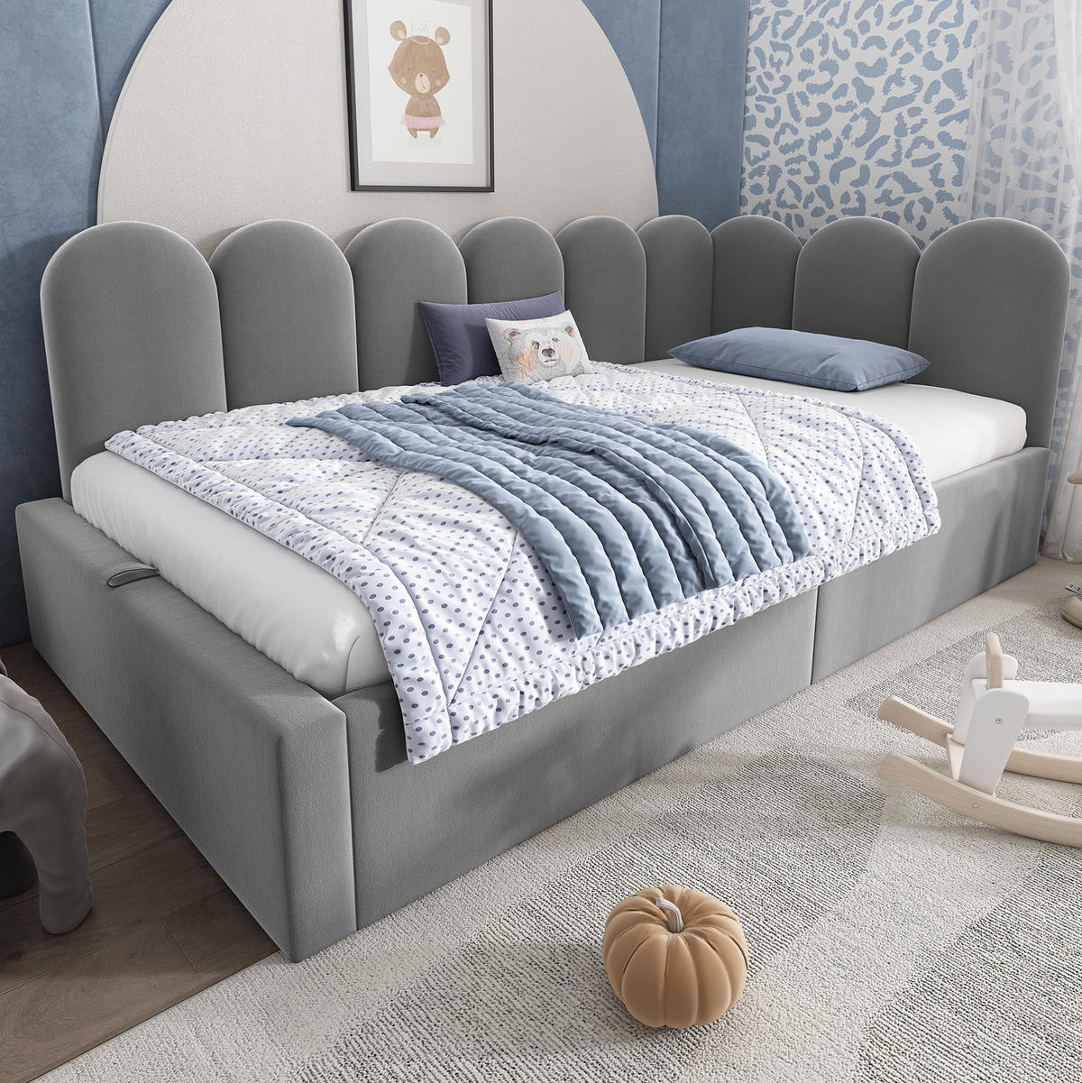 POLSTERBETT 90/200 cm aus Samt mit Stauraum und Metall-Lattenrost - Grau, Textil (90/200cm) - Flora Grace