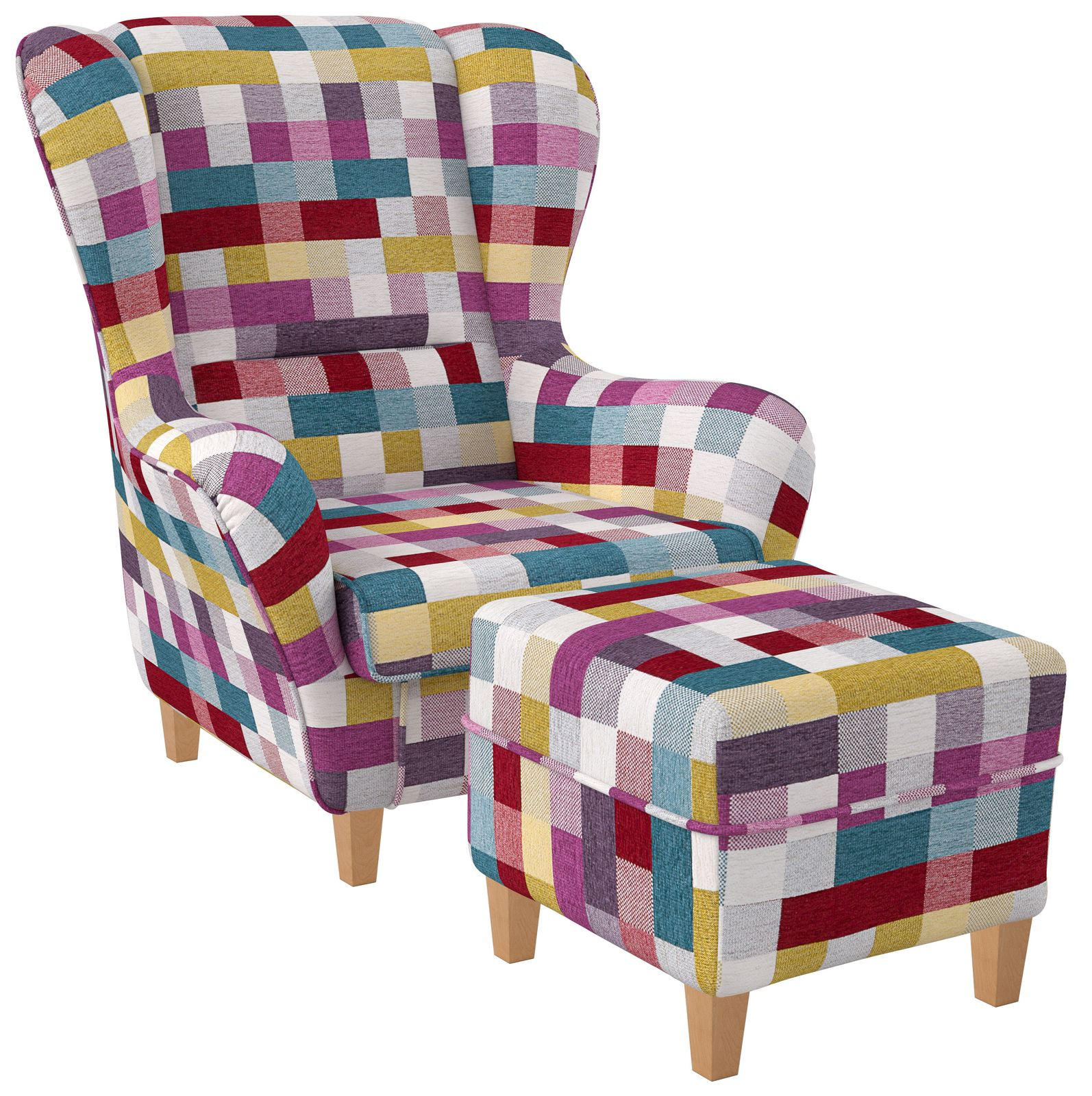 OHRENSESSEL Sofia, Relaxsessel mit Hocker | Design Patchwork kariert bunt - Magenta, Textil (92/68/95cm) - Supellex