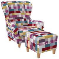 OHRENSESSEL Sofia, Relaxsessel mit Hocker | Design Patchwork kariert bunt - Magenta, Textil (92/68/95cm) - Supellex
