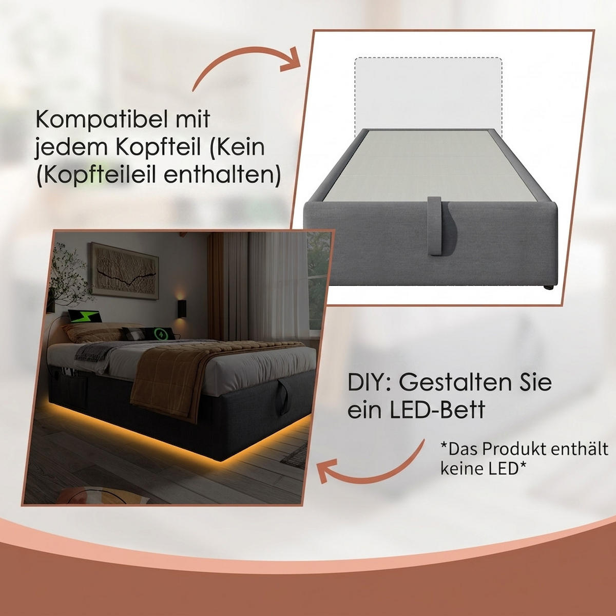 POLSTERBETT 90/190 cm Grau mit USB- C, Ohne Kopfteil - Grau, Textil (90/190cm) - Oxeza