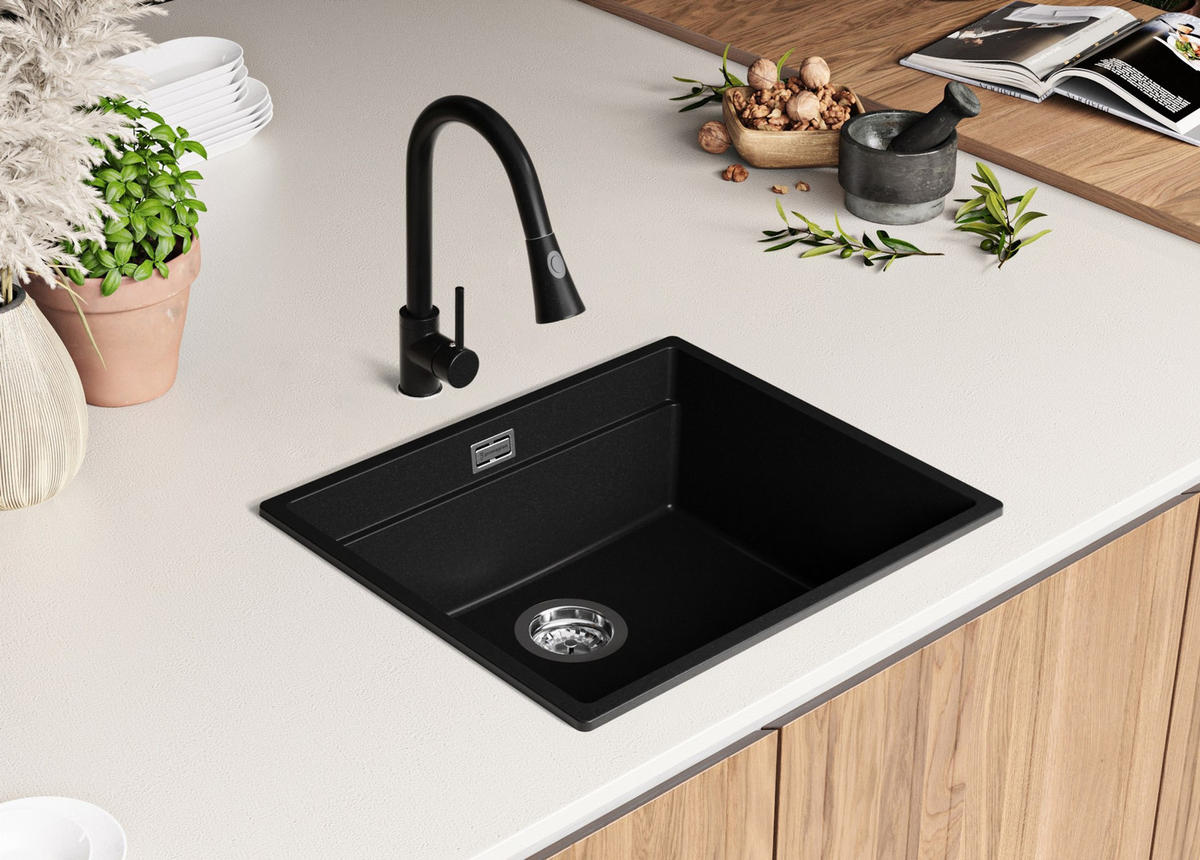 SPÜLBECKEN Praga Slim, 2-er set Alles Schwarz 56/47 cm 1 Becken + Ablauf-Set + Aufrollbare Abtropffläche ab 60er Unterschrank - Schwarz, Kunststoff (56/20/47cm) - Primagran