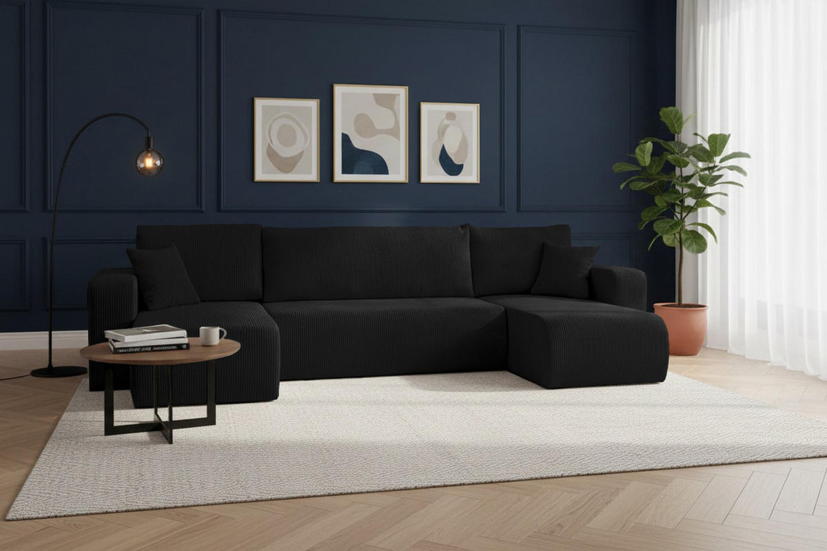 WOHNLANDSCHAFT LUNA U-FORM mit Schlaffunktion und Bettkasten (Schwarz) - Schwarz, Textil (312/83/142cm) - VENASI MÖBEL