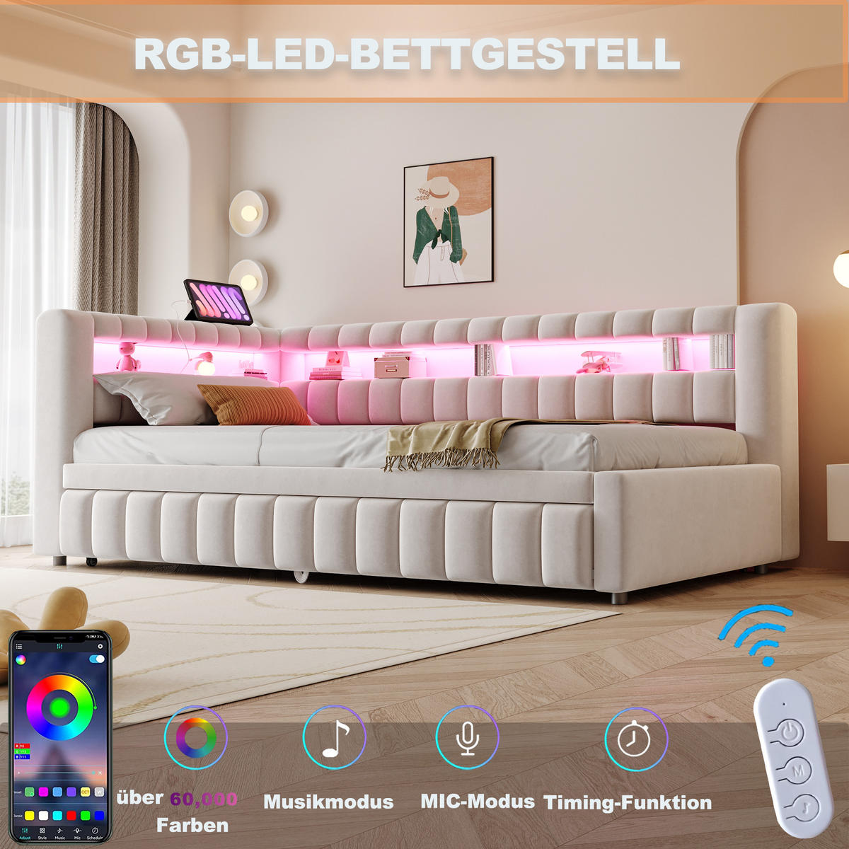 POLSTERBETT 90x200 Beige Samt LED USB - Beige, Textil (90/200cm) - FLIEKS