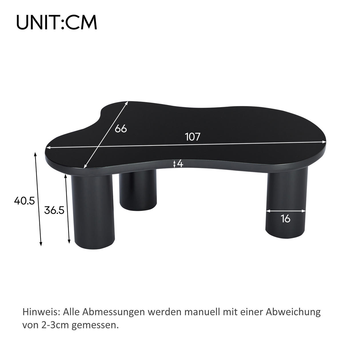 COUCHTISCH Wolkenform 107/66/40,5 cm Schwarz aus MDF mit PVC-Beinen - Schwarz, Holzwerkstoff (107/66/40.5cm) - OKWISH