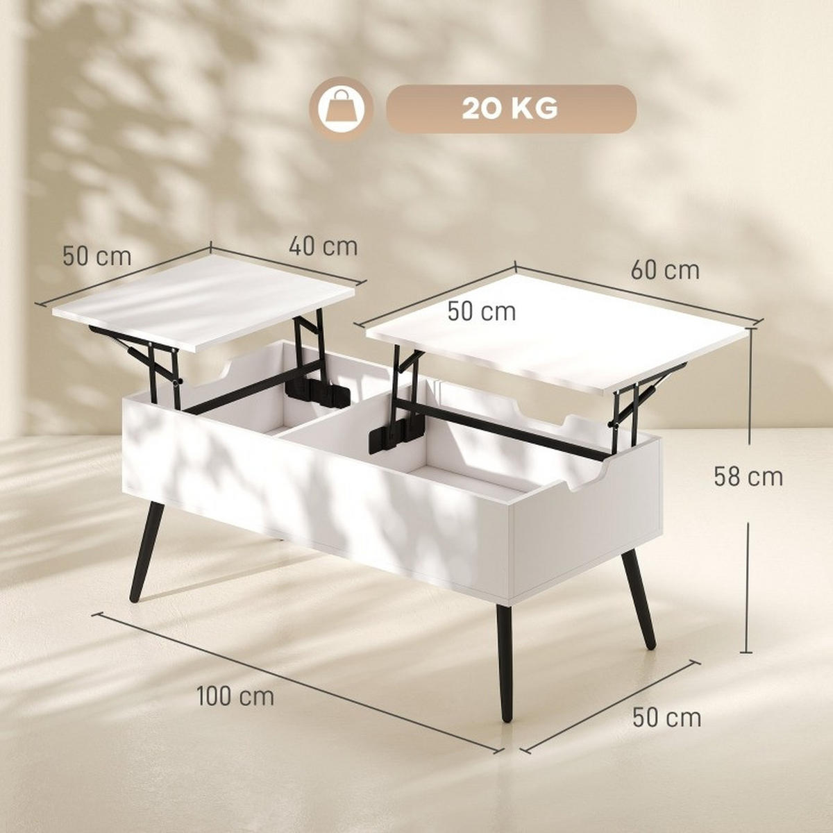 COUCHTISCH aus Spanplatte 100x50x58 cm Weiß höhenverstellbar mit verborgenem Stauraum - Weiß, Holz (100/50/58cm) - IVMEU