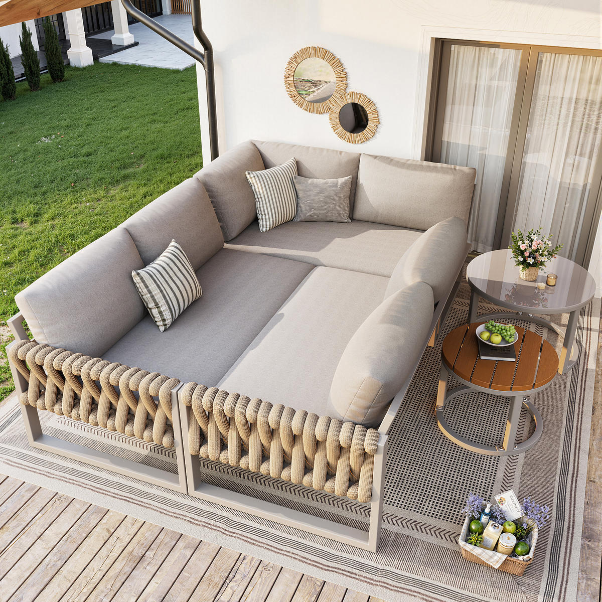 GARTEN-LOUNGE-SET Modulares Sofaset Beige 5-6 Pers. 5-tlg. - Beige, Metall - ComfortXL