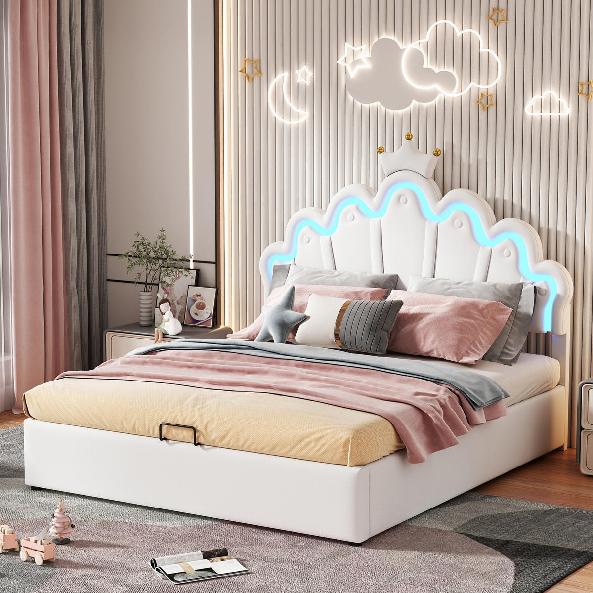 TAPECIRANI krevet 140/200 cm bijeli od PU umjetne kože s LED rasvjetom i spremištem - bijela, plastika (140/200cm) - OKWISH
