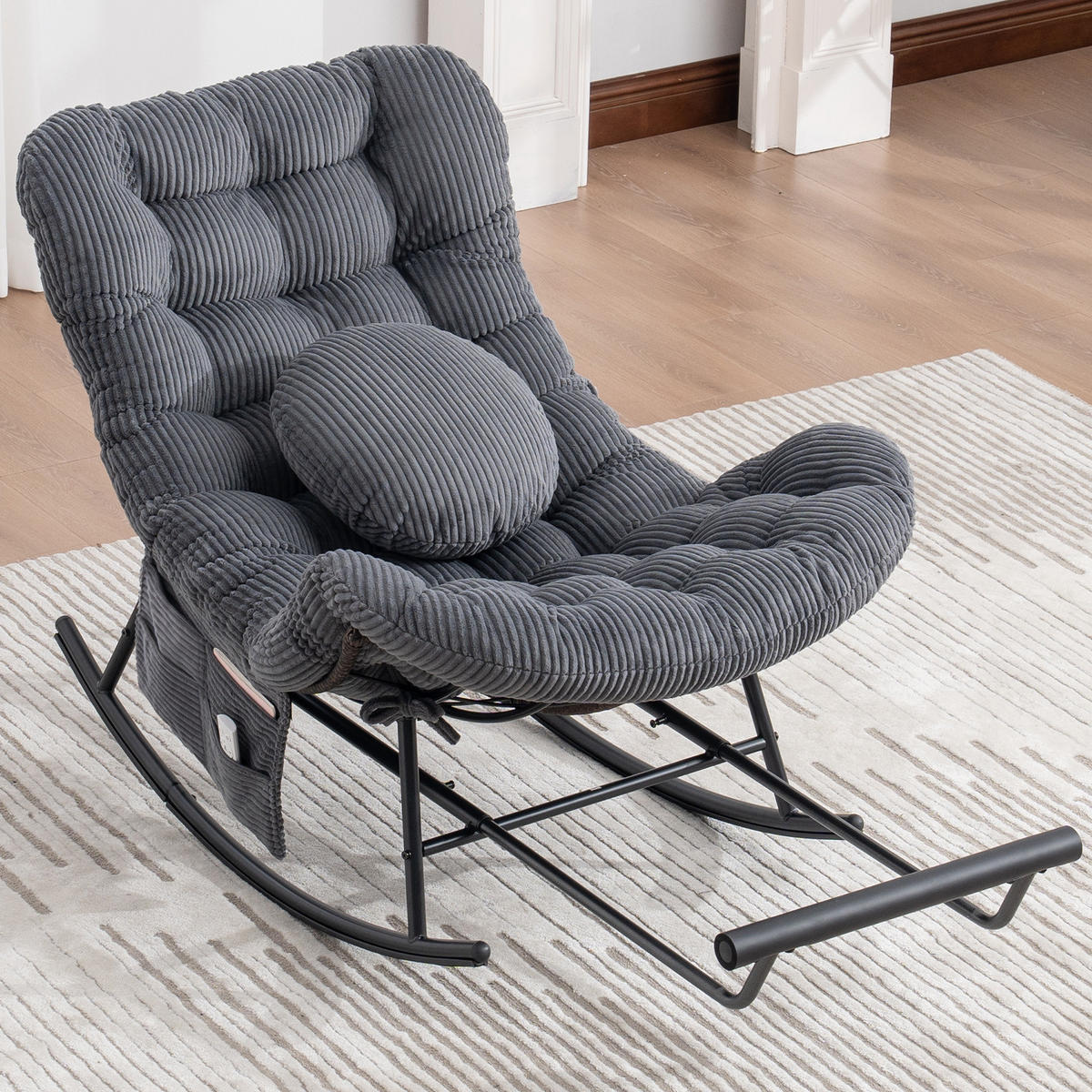 SCHAUKELSTUHL mit Fußstütze, Schaukelsessel XXL Rattanstuhl mit Kissen, Cord, Dunkelgrau - Dunkelgrau, Textil (90/78/150cm) - LVHOM