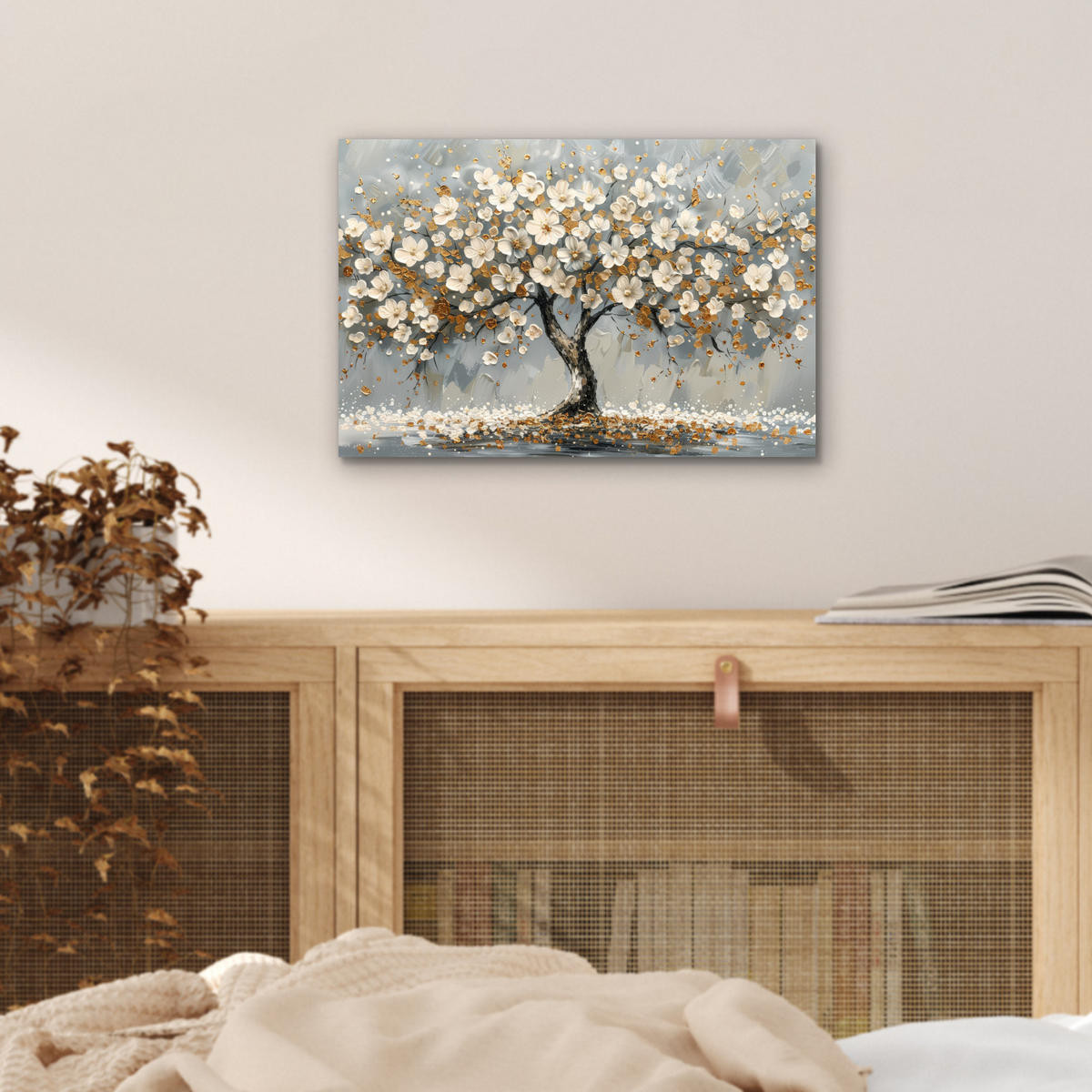 KOVOVÝ OBRAZ Strom - Kvety - Biela - Príroda - Umenie 30x20 cm - biela, kov (30/20cm) - MuchoWow