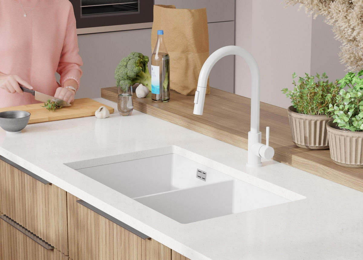 UNTERBAUSPÜLE GRANIT London Twin, 2-er set Weiß 76/47 cm 2 Becken + Küchenarmatur 32/20 cm + Ablauf-Set ab 80er Unterschrank - Chromfarben/Weiß, Kunststoff (76/20/47cm) - Primagran