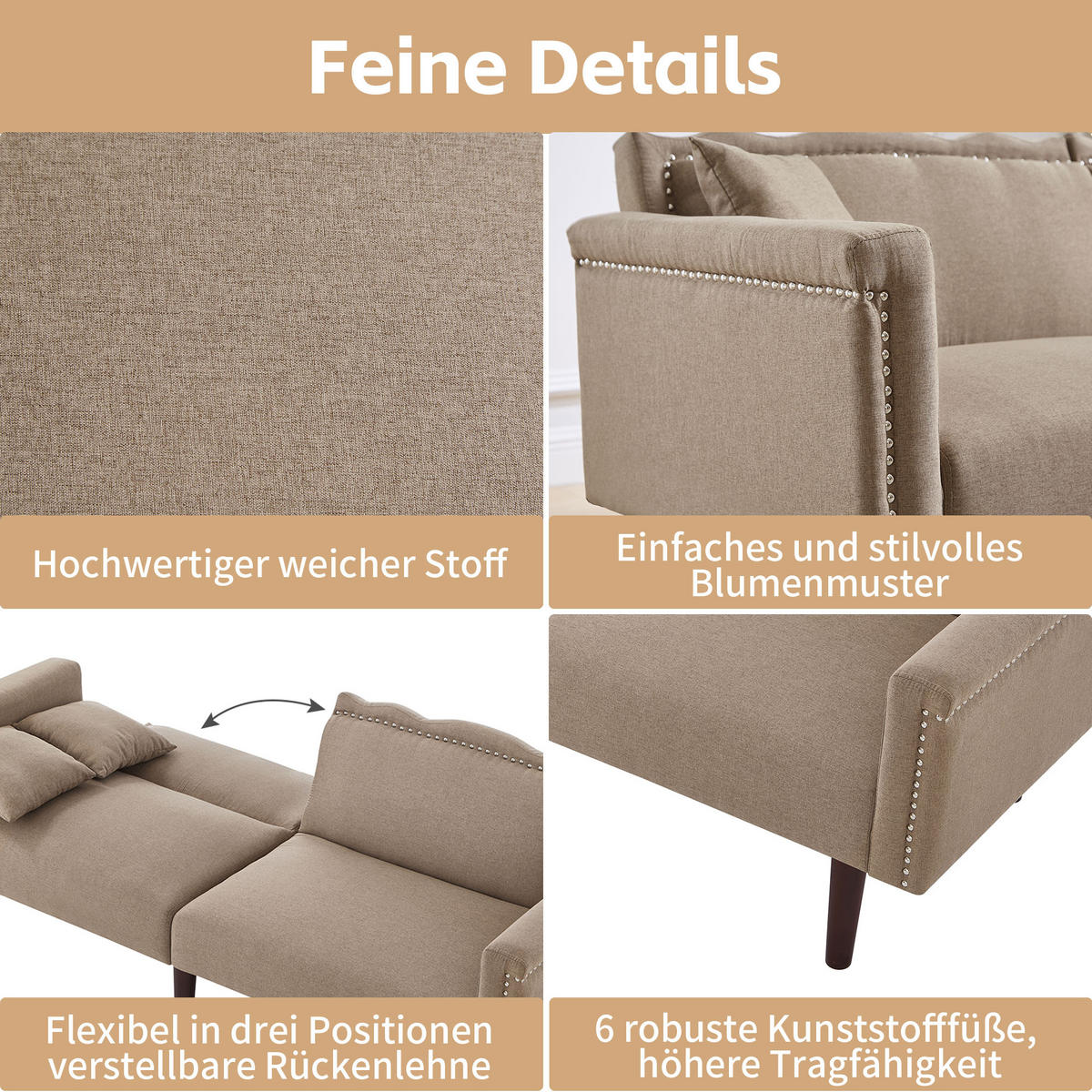 SOFA 2in1 Zweisitzer Liegefunktion Unabhängig Verstellbar Baumwoll-Leinen - Braun, Holz (92.71/19.05/80cm) - FLIEKS
