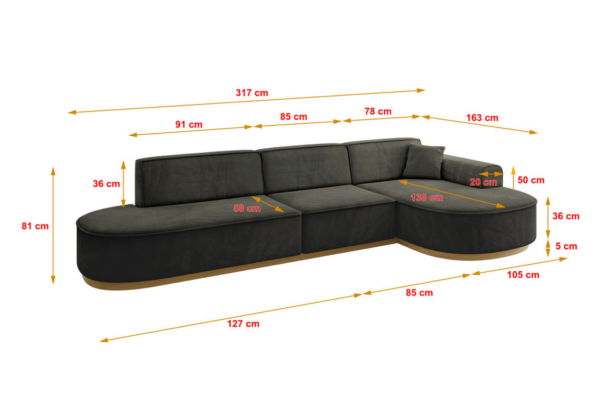 ECKSOFA Ottomane Rechts MARI-L2-v2 - 328x171x83 cm Schwarz Velours - Schwarz, Holzwerkstoff/Textil (171/328cm) - ALTDECOR