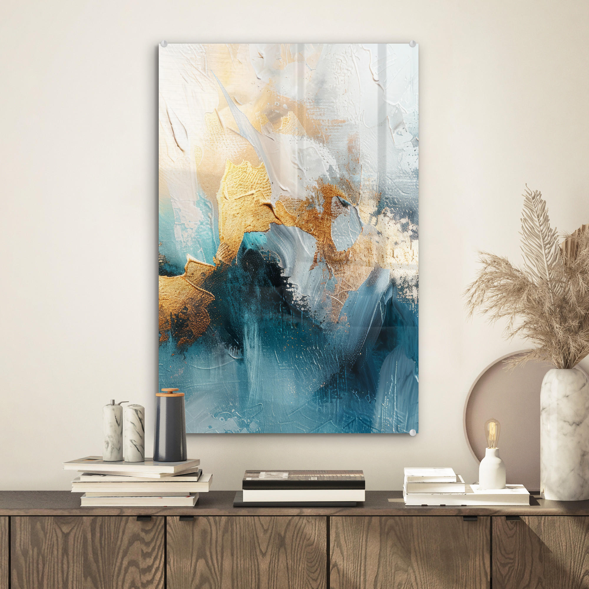 ACRYLGLASBILD Abstrakt - Kunst - Gold - Blau 40x60 cm - Petrol, Glas (40/60cm) - MuchoWow