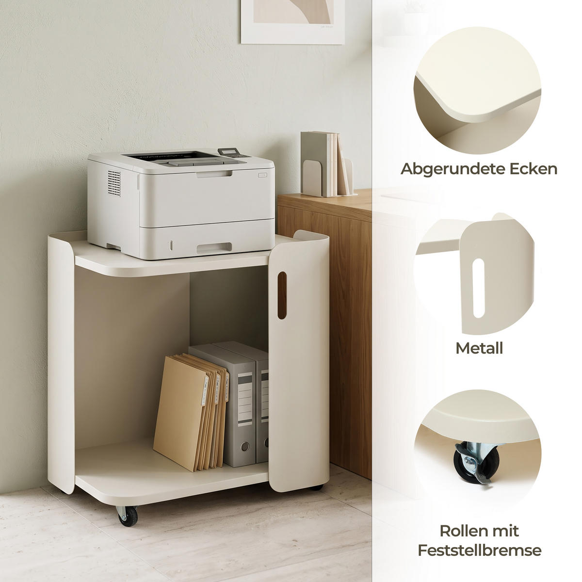 BEISTELLTISCH Metall mit Rollen | B60 x T40 x H60 cm - Beige, Metall (40/60/60cm) - Hometopia