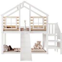 ETAGENBETT mit Treppe, Gitter, Rutsche und Fenster 90/200 cm, Weiß/Natur - Weiß, Holz (90/200cm) - MIVRAY