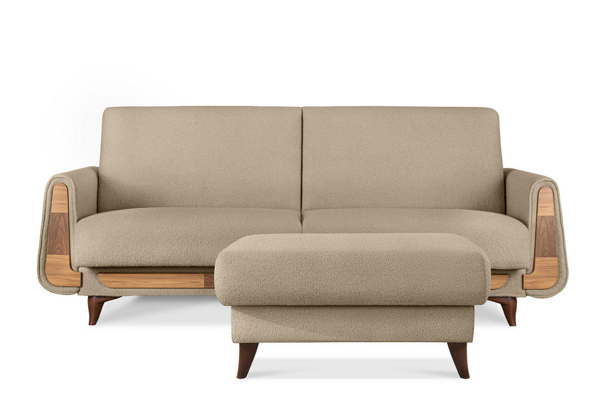 HOCKER GUSTAVO Bouclé, Beige - Beige, Holz/Holzwerkstoff (92/49/92cm) - KONSIMO®