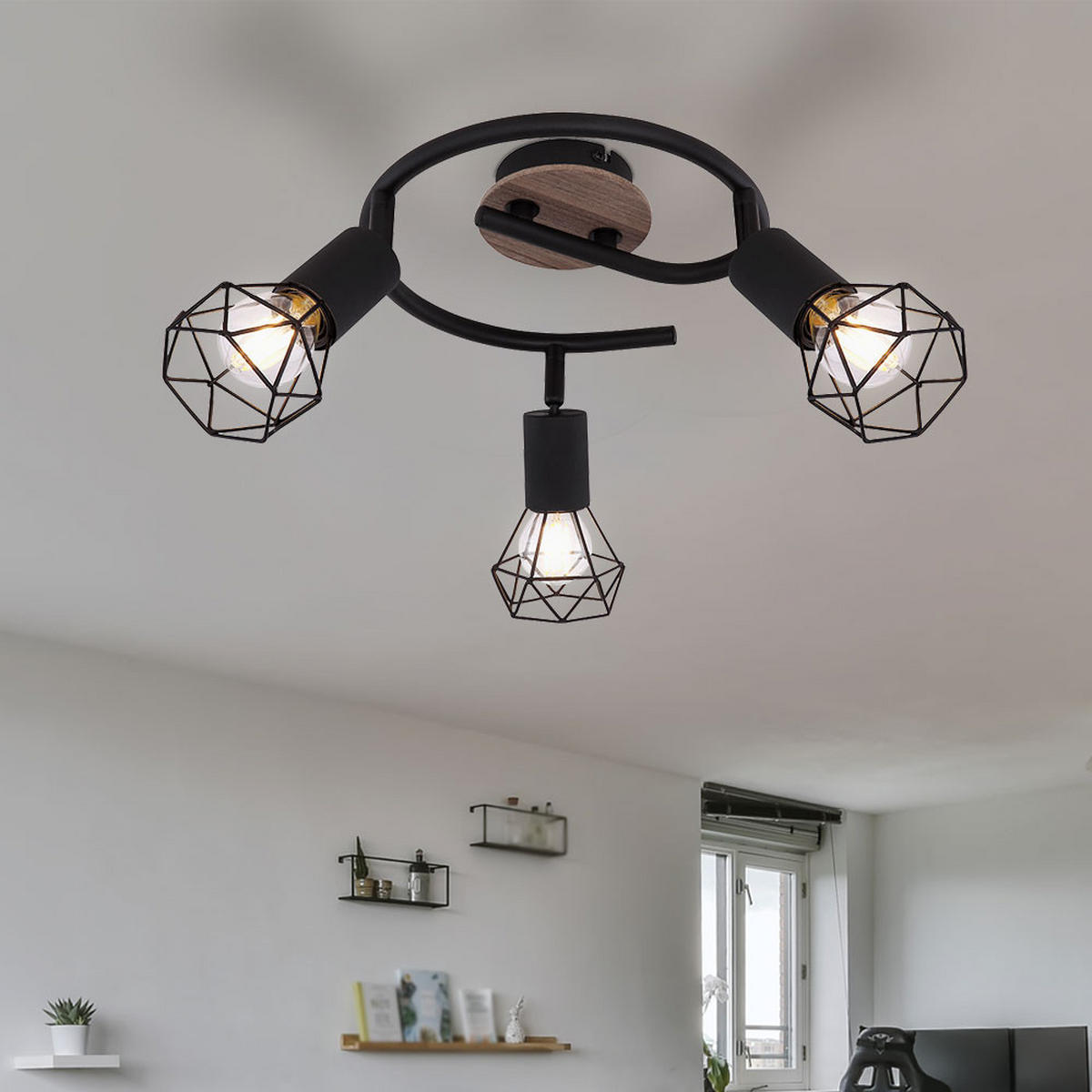 DECKENLEUCHTE Metallkäfig Schwarz Natur - Schwarz, Holz (23/23/21.5cm)