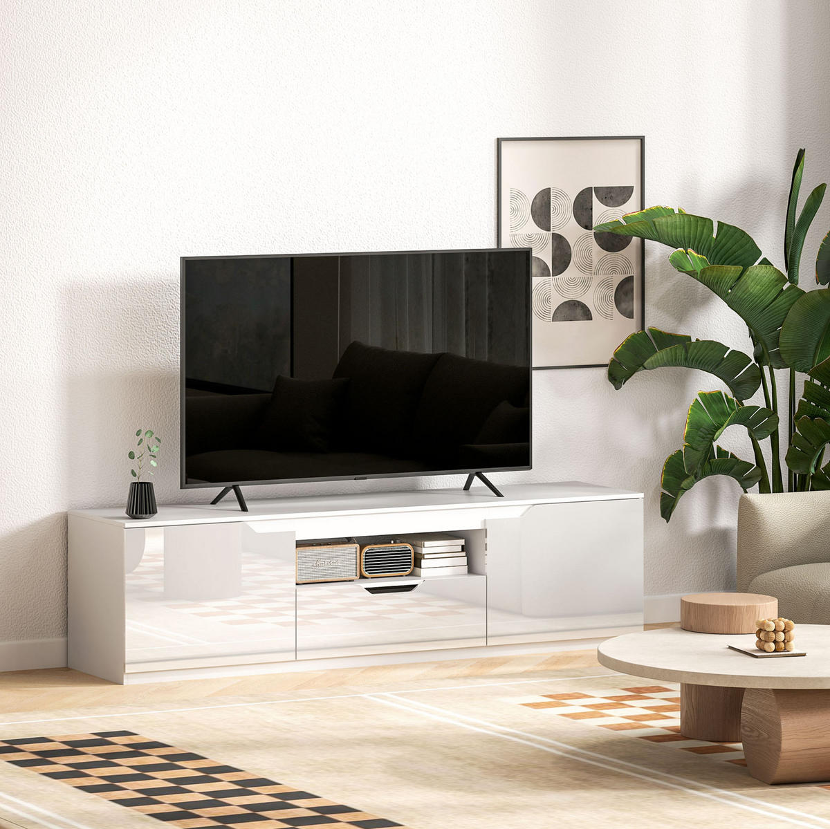 TV-LOWBOARD aus Holz 160x38x43 cm Weiß mit 2 Türen, Schublade, offenem Fach und Kabelmanagement - Weiß, Holzwerkstoff (160/43/38cm) - Modfu