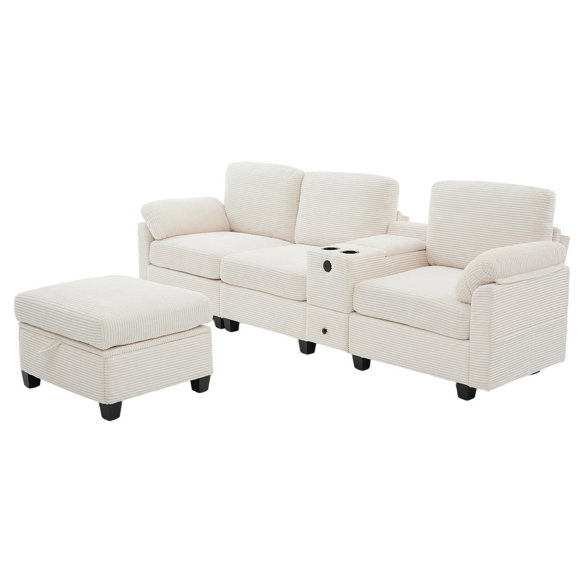 ECKSOFA L-Form mit verschiebbarer Mittelkonsole & USB-C-Anschluss Beige 266/136/82 cm - Beige, Textil (266/136cm) - OKWISH