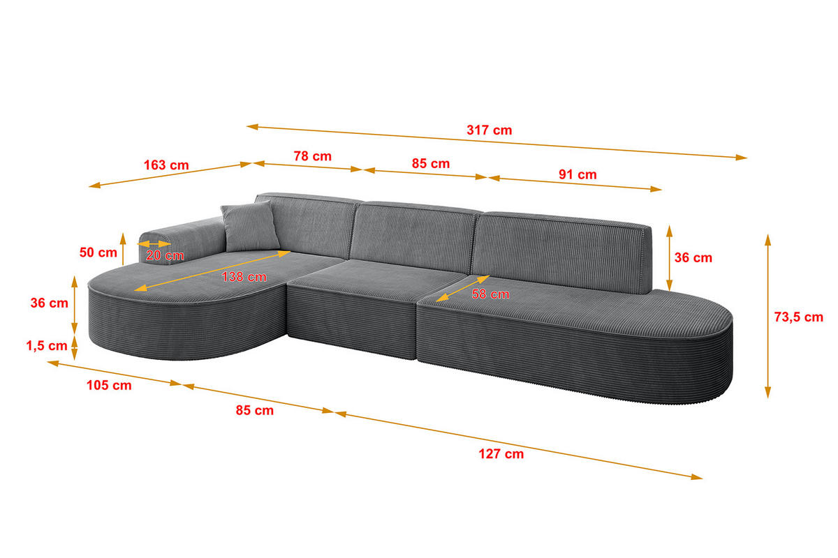 ECKSOFA Ottomane Links MARI-L2 - 317x163x73,5 cm Dunkelgrau Cord - Dunkelgrau/Schwarz, Holzwerkstoff/Kunststoff (165/321cm) - ALTDECOR