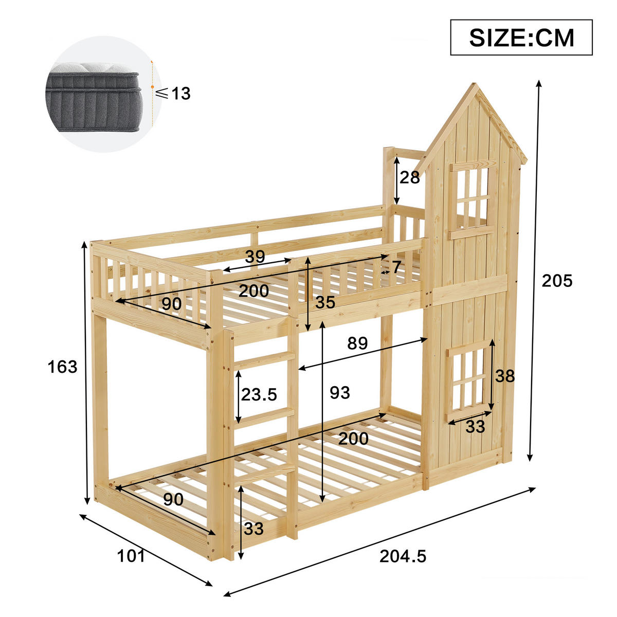 ETAGENBETT 90/200 cm in Natur mit Hausform, Fenstern und Treppe - Naturfarben, Holz/Holzwerkstoff (90/200cm) - WISHDOR