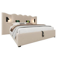 ČALOUNĚNÁ postel 160/200 cm béžová z lnu s matrací, LED lampou, USB-C a úložným prostorem - béžová, textil (160/200cm) - OKWISH